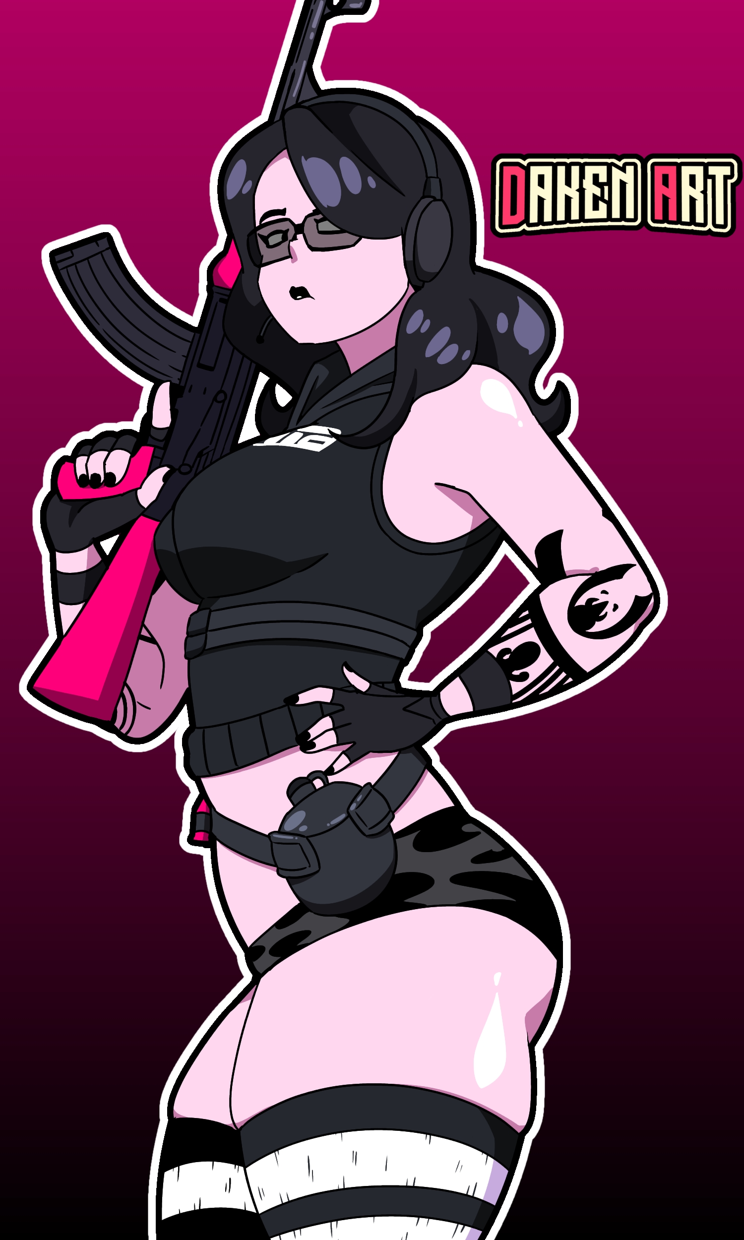 1girls, 2025, 2d, ass, big ass, big breasts, big butt, black hair, breasts, daken art (artist), daken henderson (artist), dark makeup, dark socks, epic games, female, female only, fortnite, fortnite: battle royale, gamer girl, glasses, goth, goth girl, gun, guns, hair, jawbreaker (fortnite), large hair, legs, legs together, makeup, only, short pants, socks, socks (marking), tattoo, thick ass, thick thighs, thigh socks, thighhighs, thighs waist