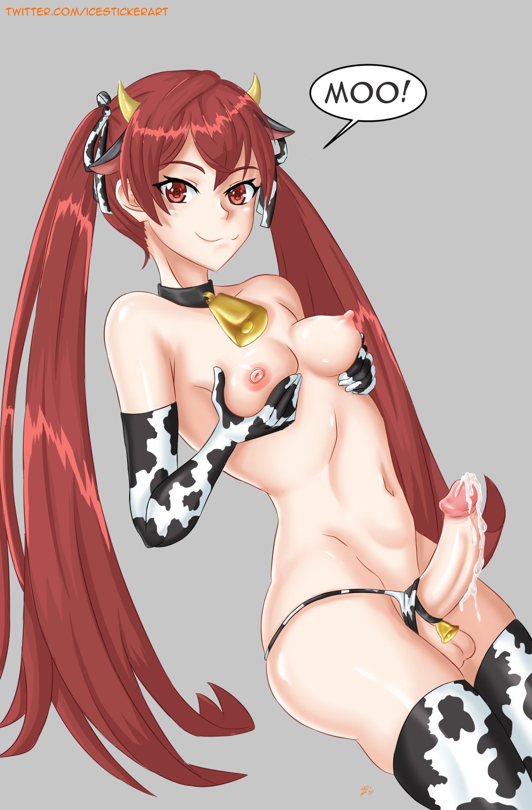 :3, 1futa, animal ears, areolae, balls, bare thighs, bell, bell collar, breasts, cock ring, cow girl, cow print, cum, cum on penis, elbow gloves, female, fire emblem, fire emblem awakening, futa only, futanari, gloves, holding own breast, human, icesticker, intersex, long hair, looking at viewer, medium breasts, nintendo, nipples, pale skin, penis, red eyes, red hair, severa (fire emblem), sitting, skindentation, smile, solo, thighhighs, twintails, year of the ox