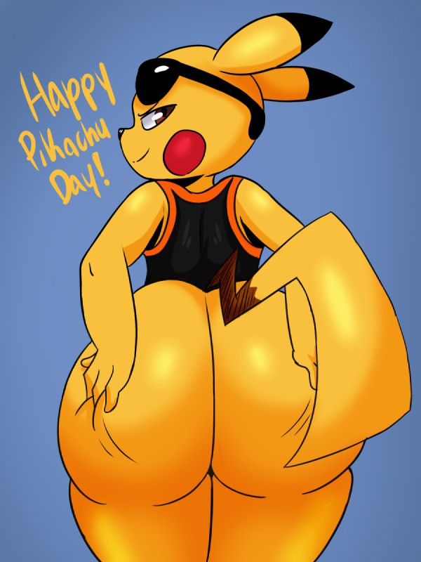 1boy anthro ass big_ass big_booty_pikachu fur furry furry_only highres huge_ass looking_at_viewer looking_back male male_only mammal mouse murid murine nintendo pikachu pokemon presenting_ass presenting_hindquarters rodent smile smirk smug_smile solo sunglasses sunglasses_on_head tagme tail text