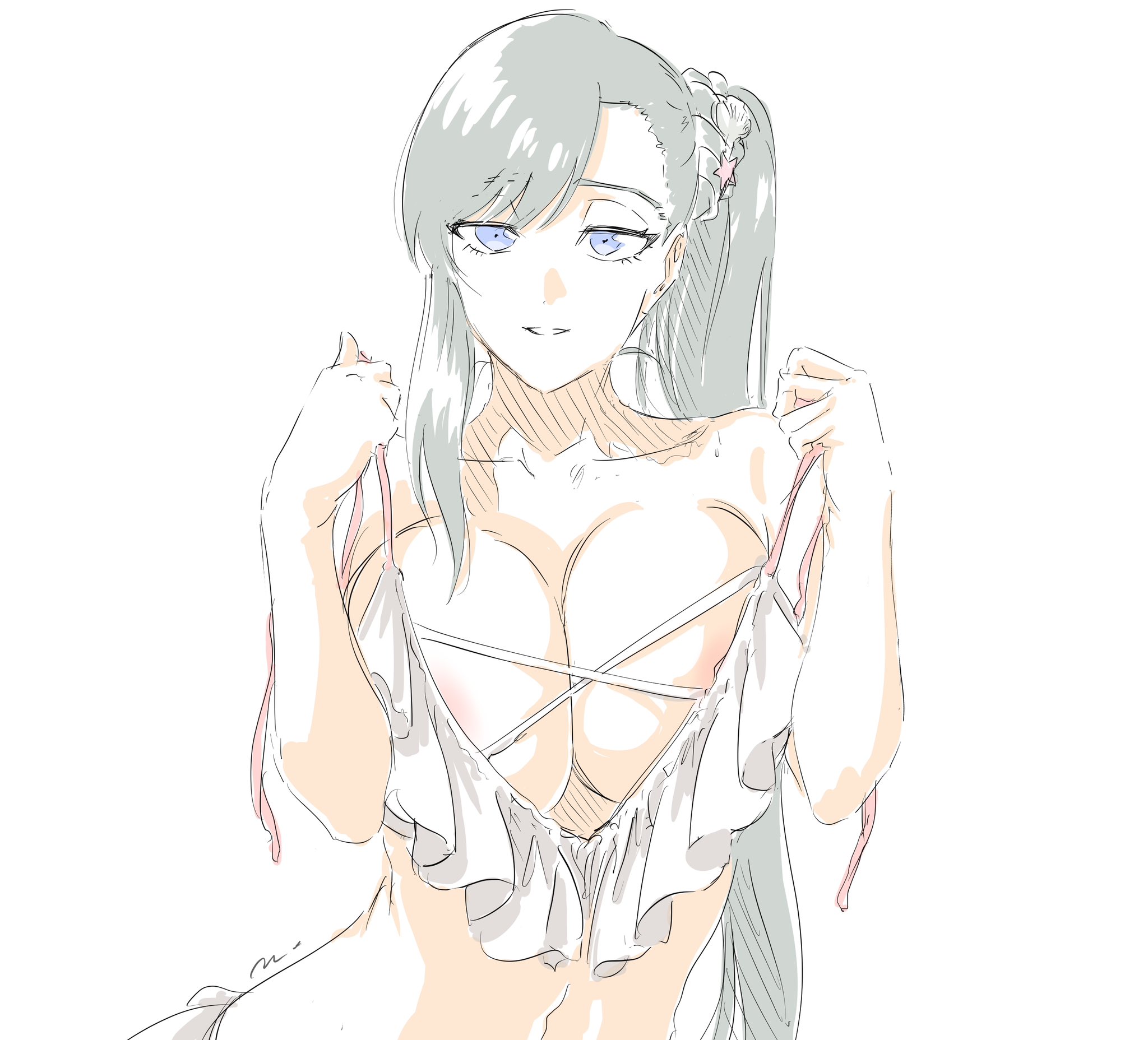 1girls, areola, areola slip, areolae, areolae peeking, asymmetrical bangs, big breasts, bikini, bikini bottom, bikini lift, bikini top, black, black hair, bleach, bleach brave souls, blue eyes, breast press, breast squeeze, breasts, burn the witch, busty, cleavage, clothed, clothes lift, clothing, collaboration, collarbone, fanart, female, female focus, female only, frilled bikini, frills, front view, grey hair, hair ornament, hair tie, high resolution, highres, large breasts, light skin, light-skinned female, long hair, looking at viewer, mitsugu, navel, nipple peek, nipple slip, no background, noel niihashi, official alternate costume, parted lips, pink areola, ponytail, seashell, seashell hair ornament, second-party source, shading, shell, side ponytail, smile, smiling, solo, solo female, solo focus, starfish, starfish (accessory), starfish hair ornament, strap pull, straps, string bikini, summer, swept bangs, swimsuit, swimwear, teasing, teasing viewer, tied hair, undressing, untied bikini, upper body, very long hair, white background, white bikini