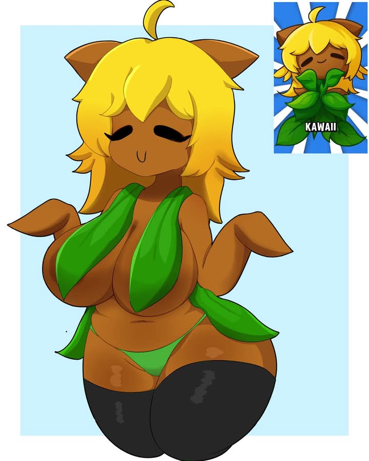 areolae, bikini, bikini bottom, blonde hair, blue background, breasts, cat sunflower (pvz mod), chubby, chubby female, convenient censoring, covered nipples, female, humanized, large breasts, leaf clothing, light blue background, plant girl, plants vs zombies, pvzlatam, short hair, simple background, smile, sunflower (pvz), thick ass, thick thighs, white body