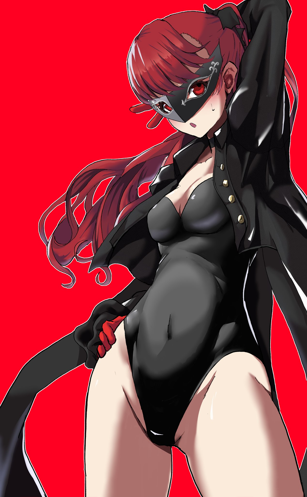 1girls, black jacket, black leotard, blush, breasts, cleavage, covered navel, female, female only, gloves, hand on hip, jacket, kasumi yoshizawa, leotard, long hair, looking at viewer, mask, medium breasts, open clothes, open mouth, persona, persona 5, persona 5 royal, phantom thief suit, ponytail, red background, red eyes, red gloves, red hair, simple background, solo, standing, strapless, sumire yoshizawa