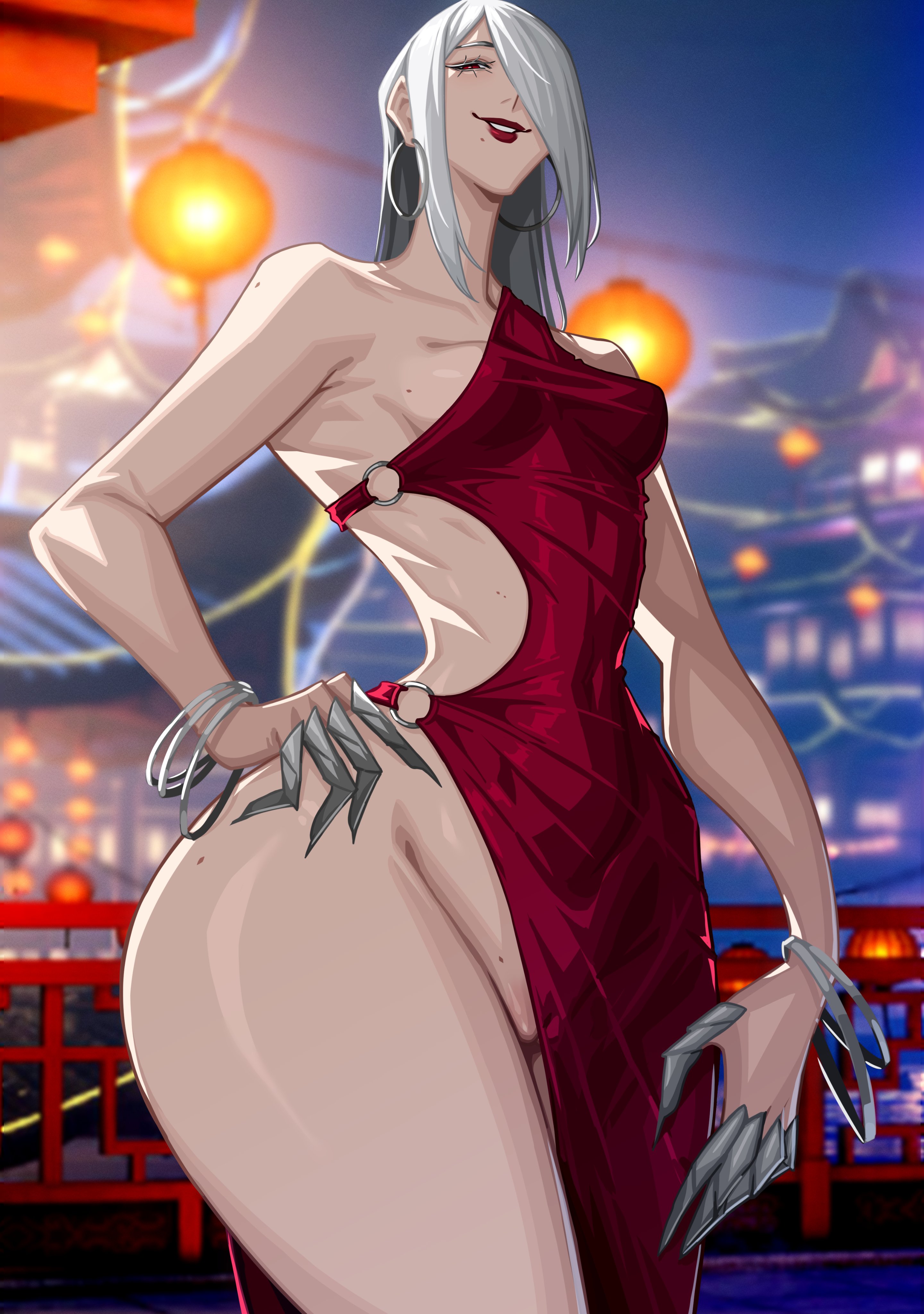 1girls, a.k.i., alecto 0, capcom, clothed, clothed female, dress, earrings, female, female focus, female only, long hair, long-haired female, red dress, solo, solo female, solo focus, street fighter, street fighter 6, tall female, tall woman, thick thighs, thighs, video game character, white hair, white-haired female