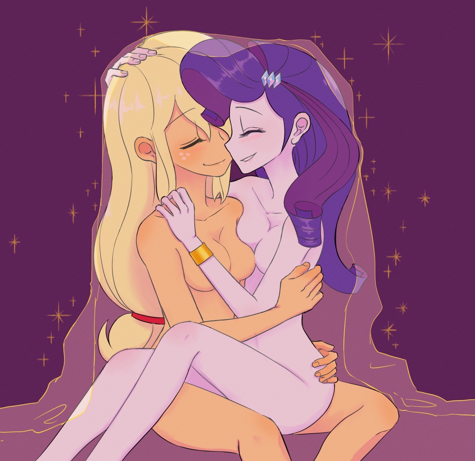 2020s, 2girls, applejack (eg), applejack (mlp), bed sheet, blonde hair, blue hair, blush, breasts, closed eyes, completely nude, completely nude female, convenient censoring, couple, equestria girls, eyelashes, face-to-face, female, female only, female/female, freckles, friendship is magic, haibaratomoe, hasbro, hi res, high school student, hug, medium breasts, multiple females, multiple girls, my little pony, nude, nude female, on bed, orange skin, rarijack, rarity (eg), rarity (mlp), romantic, simple background, sitting, sitting on lap, smile, teenage couple, teenage female, teenager, teenager on teenager, under sheets, white skin, young, young female, yuri