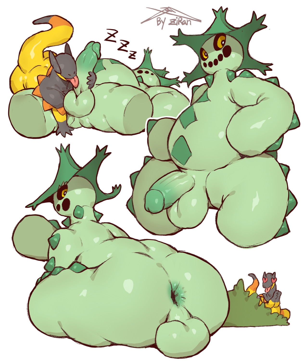 2025, 2boys, 2d, anus, ass, backsack, balls, ballsack, big ass, big butt, cacturne, cactus, chubby, chubby male, closed eyes, flora fauna, furry, gay, genitals, heliolisk, licking penis, lizard, looking at viewer, looking back, male, male only, multiple images, naked, nonhuman, nude, onomatopoeia, penis, pokemon, pokemon (species), scalie, sleeping, smile, smiling, text, ziran