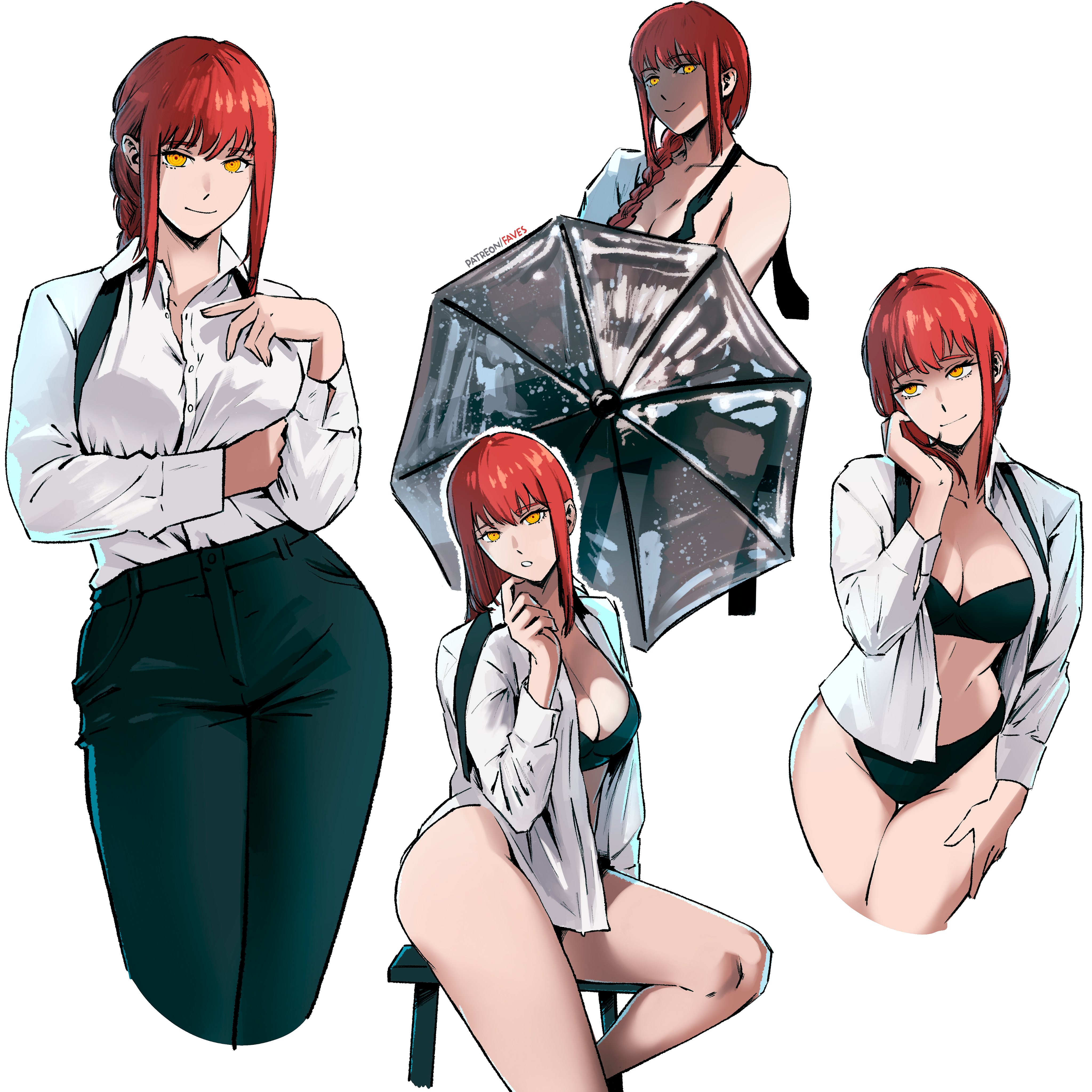 absurdres, black bra, black necktie, black panties, black pants, bra, braid, braided ponytail, breasts, chainsaw man, cleavage, closed mouth, collarbone, female, female only, highres, holding, holding umbrella, large breasts, looking at viewer, makima (chainsaw man), missfaves, multiple views, necktie, panties, pants, parted lips, red hair, shirt, shirt tucked in, simple background, sitting, smile, umbrella, underwear, white background, white shirt, yellow eyes