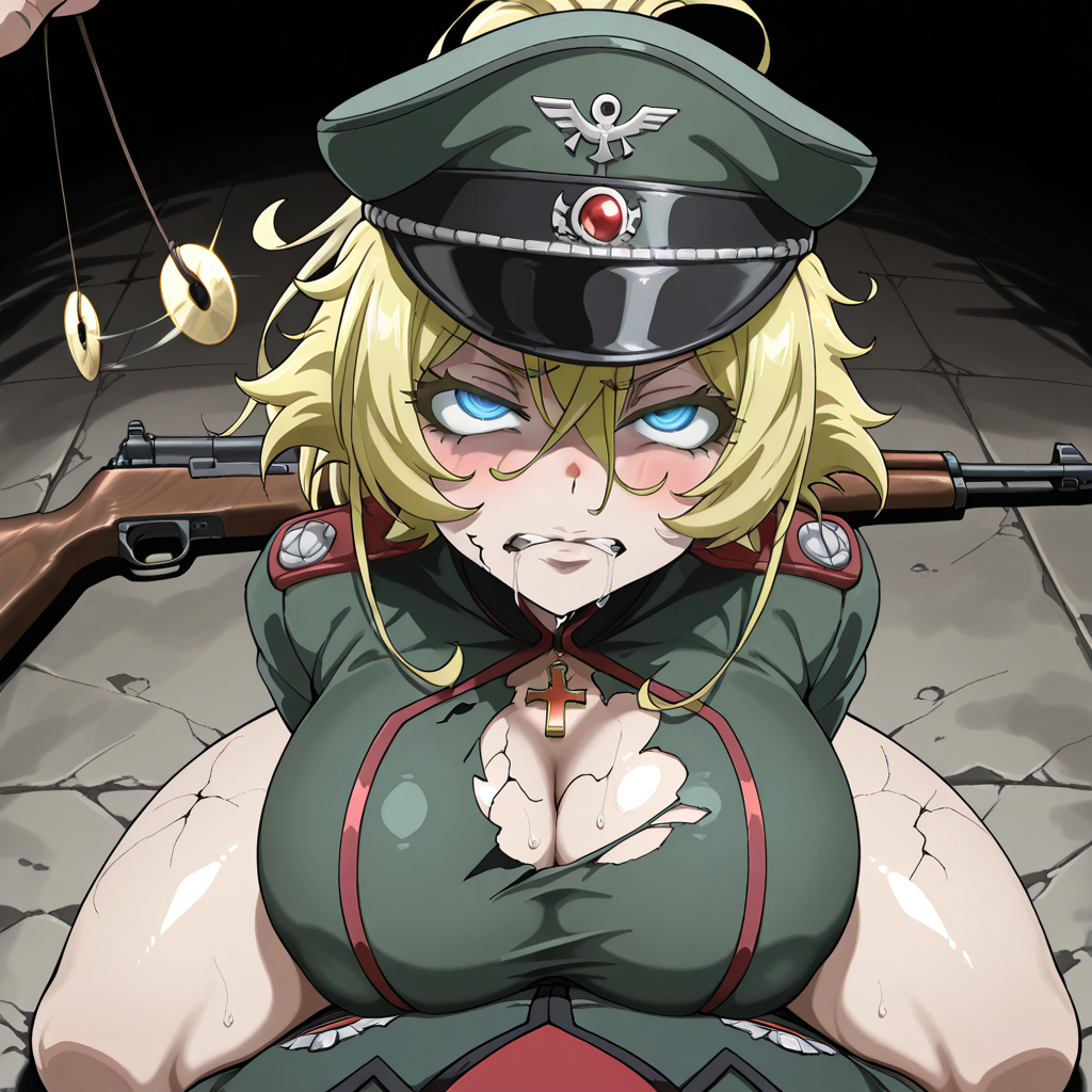 ai generated, artist request, blush, breasts, cleavage, collarbone, drool, female, hypnosis, large breasts, military hat, mind break, pov, rifle, stern expression, submissive, sweat, tanya degurechaff, uniform, youjo senki