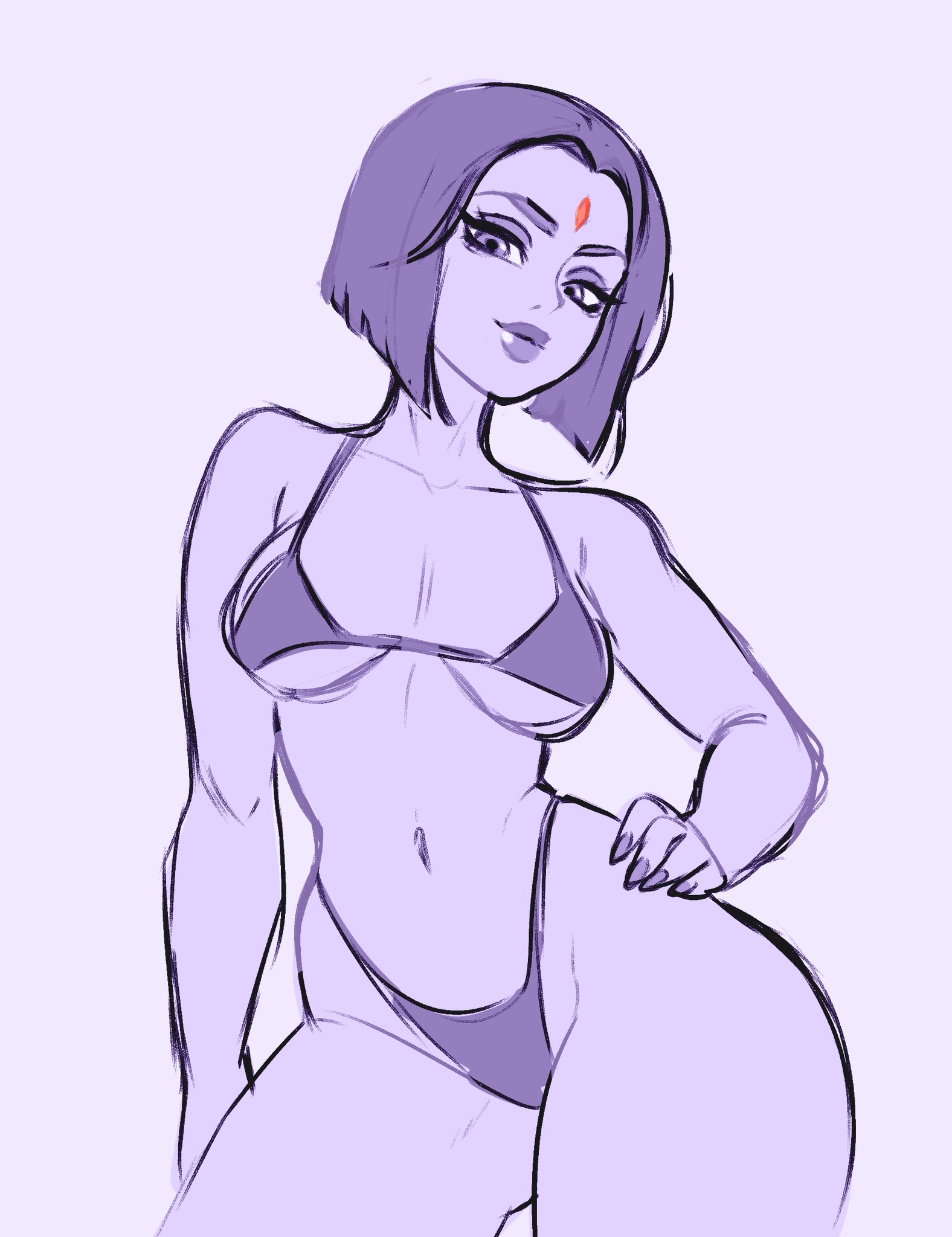 1girls, bikini, dc, dc comics, female, forehead mark, godlessrat, goth, goth girl, hand on hip, highleg bikini, pinup, purple body, purple eyes, purple hair, raven (dc), sketch, solo, string bikini, tagme, teen titans, thick thighs, wide hips