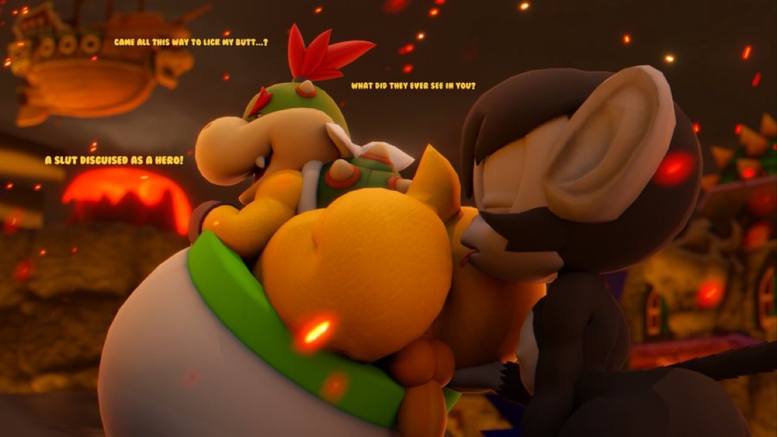 2boys, 3d, 3d (artwork), airship, ass, ass focus, backsack, balls, ballsack, big butt, black fur, bowser jr., bracelets, closed eyes, detailed background, dialogue, doommusk, furry, gay, haplorhine, koopa, koopa clown car, lava, licking ass, lire (doommusk), male, mario (series), monkey, penis, red hair, short tail, spiked shell, submissive, submissive anthro, super mario bros., tail, taunting, thick thighs, white skin, yellow body