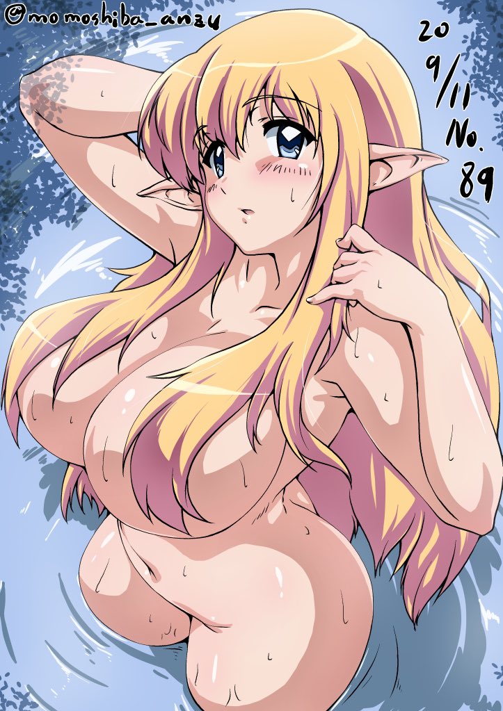 1girls, blonde hair, blue eyes, breasts, completely nude female, elf, elf ears, elf female, elf girl, female, hair covering breasts, hand behind head, hourglass figure, large breasts, light-skinned female, long hair, looking at viewer, momoshiba, nafta, pointy ears, skinny dipping, slim waist, tiffania westwood, water, wide hips, zero no tsukaima