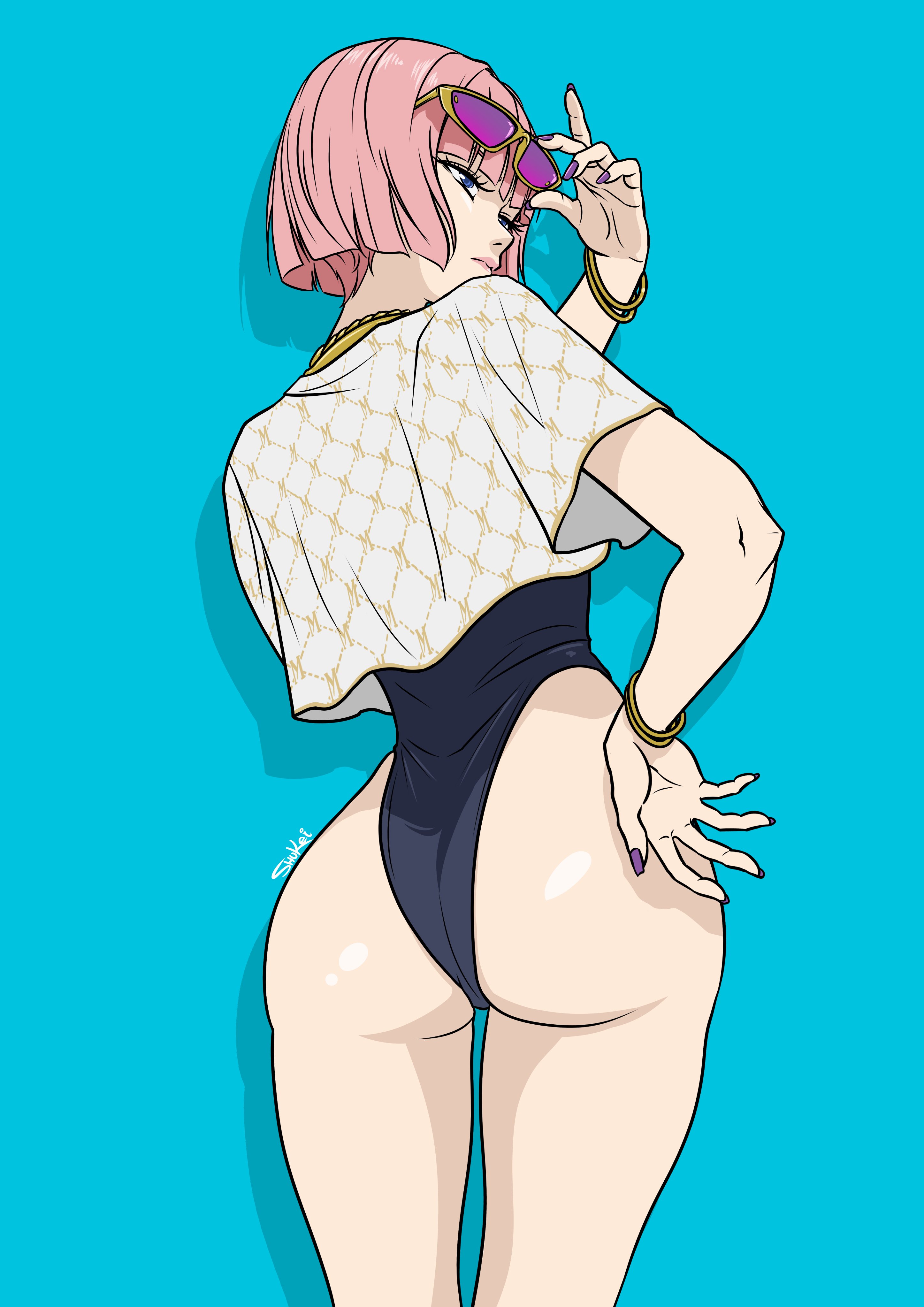 1girls, ass, back view, big ass, capcom, female, female only, manon legrand, pink hair, shukeiart, solo, street fighter, street fighter 6, swimsuit