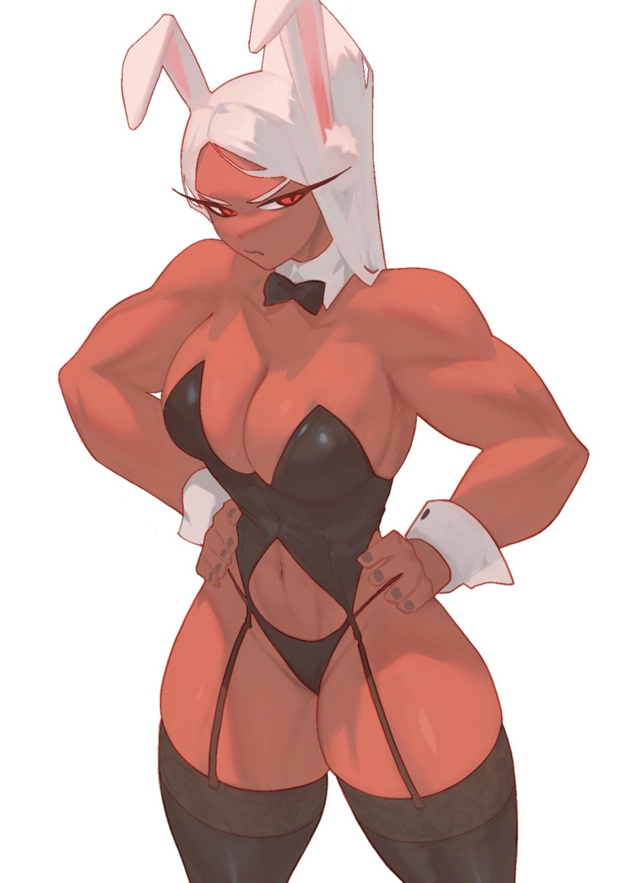 abs, animal ears, bare shoulders, black bow, black bowtie, black garter straps, black panties, black shirt, black thighhighs, black tube top, boku no hero academia, bow, bowtie, breasts, cleavage, collarbone, commentary, dark skin, dark-skinned female, detached collar, english commentary, female, female only, garter straps, hands on own hips, highres, large breasts, leotard, long eyelashes, long hair, looking at viewer, mirko, miruko, muscular, muscular female, my, my hero academia, nail polish, navel, panties, parted bangs, ponytail, rabbit ears, rabbit girl, rebigaki art, red eyes, rumi usagiyama, shirt, simple background, solo, standing, strapless, strapless shirt, thick thighs, thighhighs, thighs, traditional bowtie, tube top, underwear, white background, white hair, white wrist cuffs, wrist cuffs, yknivel
