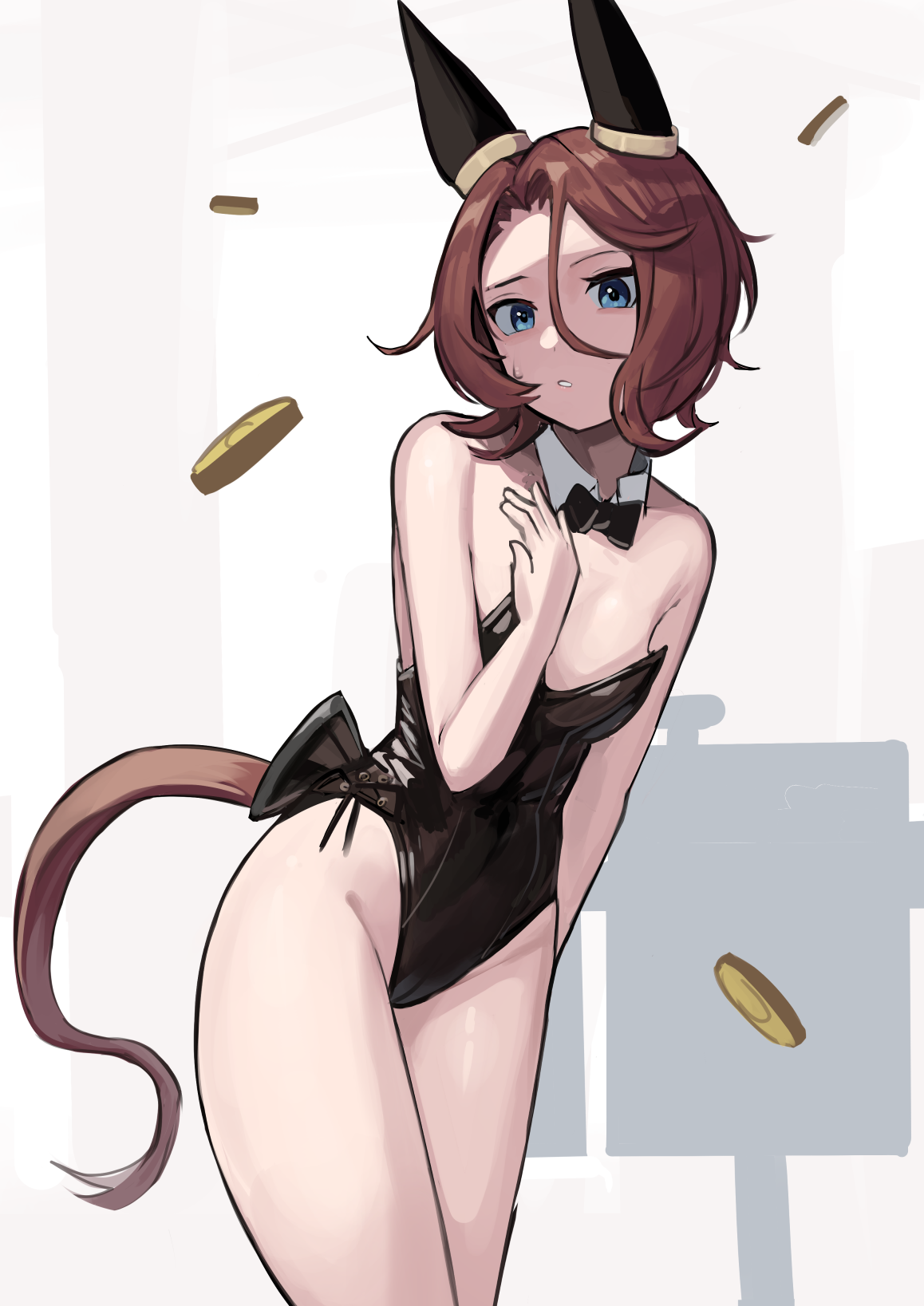 blue eyes, bowtie, breasts, brown hair, bunnysuit, coins, detached collar, female, female only, hair between eyes, horse ears, horse girl, horse tail, kemonomimi, looking at viewer, money, narita taishin (umamusume), playboy bunny, short hair, small breasts, solo, solokitsune, sweatdrop, umamusume, umamusume pretty derby