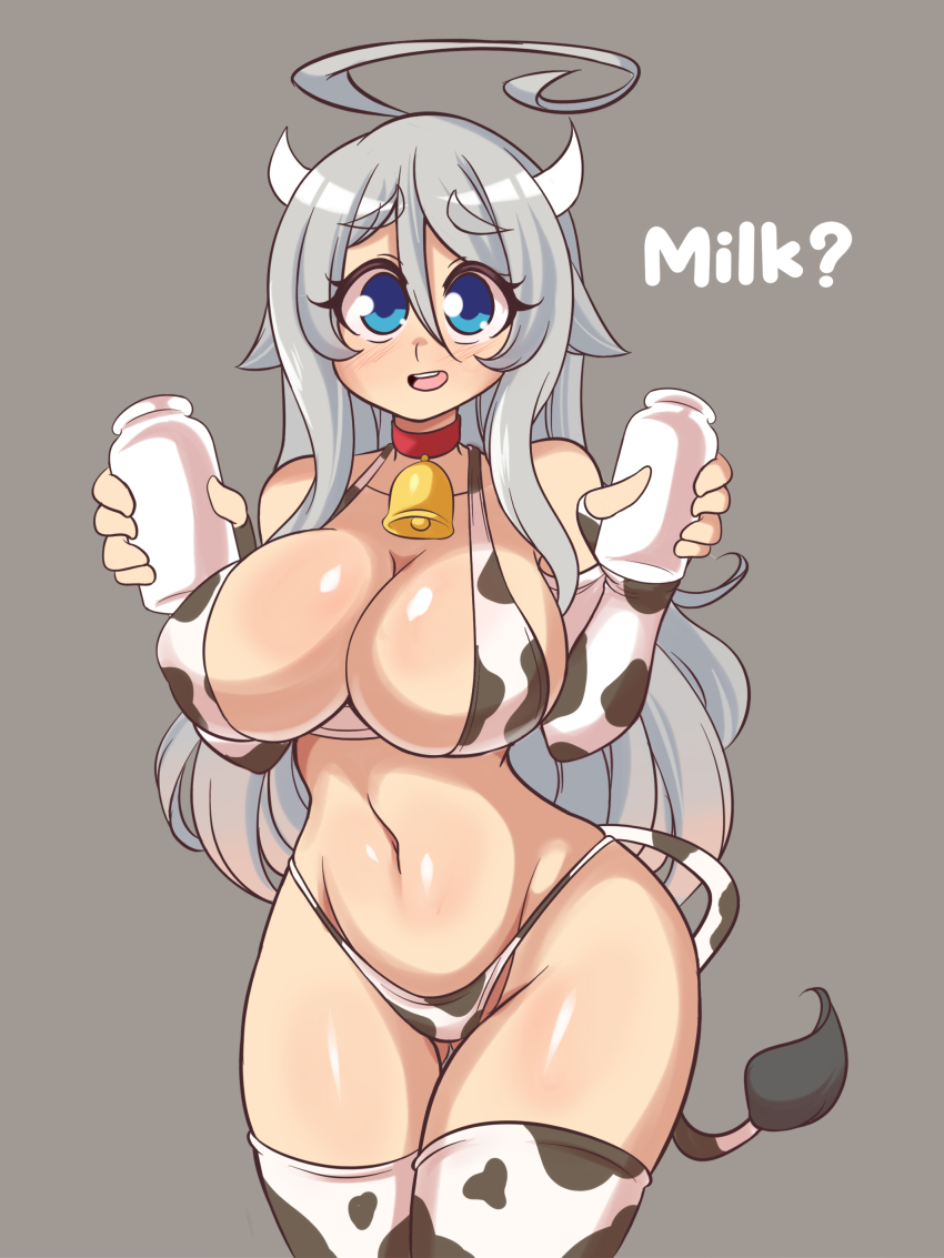 1girls, ahoge, bell, blue eyes, breasts, cow horns, cow print, cow print bikini, fake tail, female, large breasts, long hair, lucyfercomic, milk, mralee, silver hair, thighhighs, yulina (mralee)