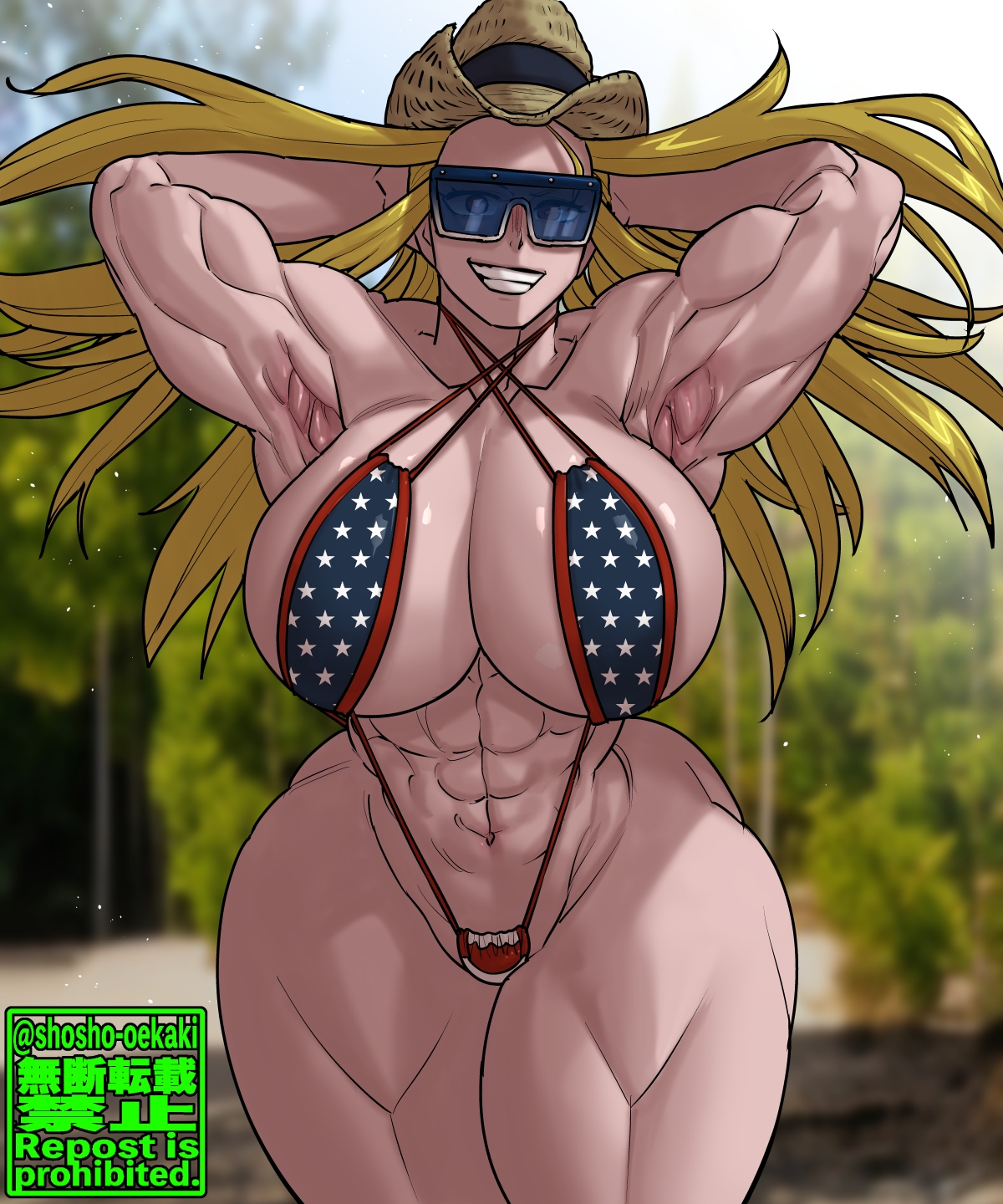 1girls, abs, alternate breast size, alternate costume, american flag bikini, armpits, arms up, artist name, bare shoulders, big breasts, blonde hair, blurry background, breasts, cathleen bate, cleavage, clenched teeth, clothing, collarbone, cowboy hat, curvy, day, eyelashes, eyewear, female, female focus, female only, glasses, halterneck, hands behind head, hat, highres, hips, huge breasts, human, large breasts, long hair, looking at viewer, muscular, muscular female, my hero academia, navel, one-piece swimsuit, outdoors, parted lips, pinup, plant, revealing clothes, shiny skin, shosho oekaki, sideboob, skimpy, sling bikini, solo, solo female, star and stripe (my hero academia), sunglasses, swimsuit, teeth, thick thighs, thighs, tinted eyewear, tree, voluptuous, watermark, wide hips