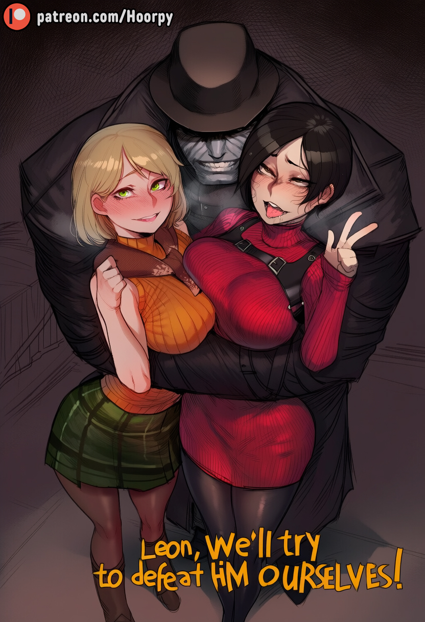 1boy, 2girls, 3d, abs, ada wong, ahe gao, ai assisted, ai generated, ashley graham, asian female, asymmetrical docking, black hair, blonde hair, blue eyes, blush, breast press, breast-to-breast, breasts, breath, breath cloud, caption, cheating, clothing, coat, english text, female, green eyes, grey body, grey skin, half-closed eyes, hat, high resolution, hoorpy, hug, huge breasts, hugging from behind, human, interspecies, large breasts, light skin, light-skinned female, lips, looking at viewer, makeup, male, monster, monster on female, mr x, multiple females, multiple girls, netorare, ntr, peace sign, resident evil, resident evil 2, resident evil 2 remake, resident evil 4, resident evil 4 remake, short hair, smile, smiling at viewer, standing, straight, sweater, symmetrical docking, teamwork, text, thighs, tongue, tongue out, very high resolution