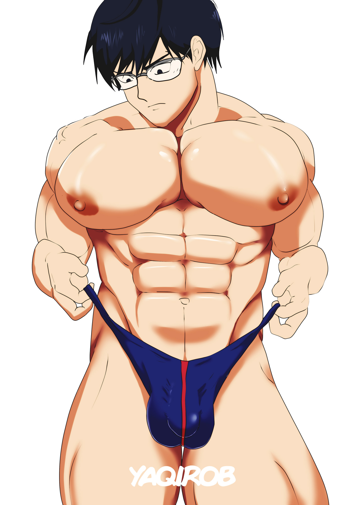 1boy, 1male, abs, balls, bara, bara body, beautiful, beautiful male, big muscles, big nipples, big pecs, blue eyes, blue hair, blue thong, bulge, bulge through clothing, glasses, gorgeous, handsome, handsome man, highres, hot, hot as fuck, iida tenya, male, male focus, male only, muscle, muscles, muscular, muscular male, my hero academia, navel, nipples, pecs, penis, sexy, sexy body, sexy male, short hair, simple background, solo, swimming trunks, swimwear, tenya iida, testicles, thick, thick male, thick thighs, thong, underwear, white background, yaoi, yaquirobara