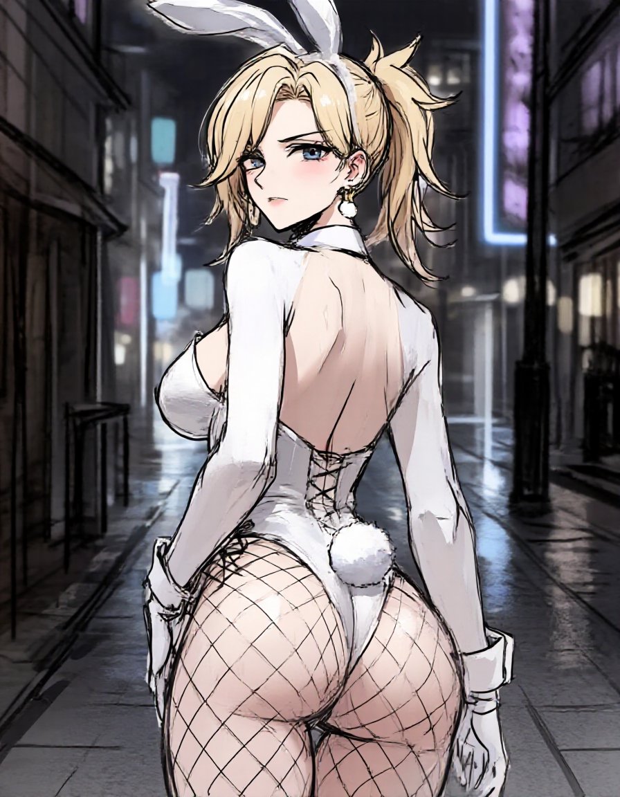 1girls, ai generated, ass, ass focus, backwards, bunnysuit, female, fishnet legwear, fishnet stockings, fishnets, looking at viewer, mercy, nay juno, night, overwatch, overwatch 2, street, white bunnysuit