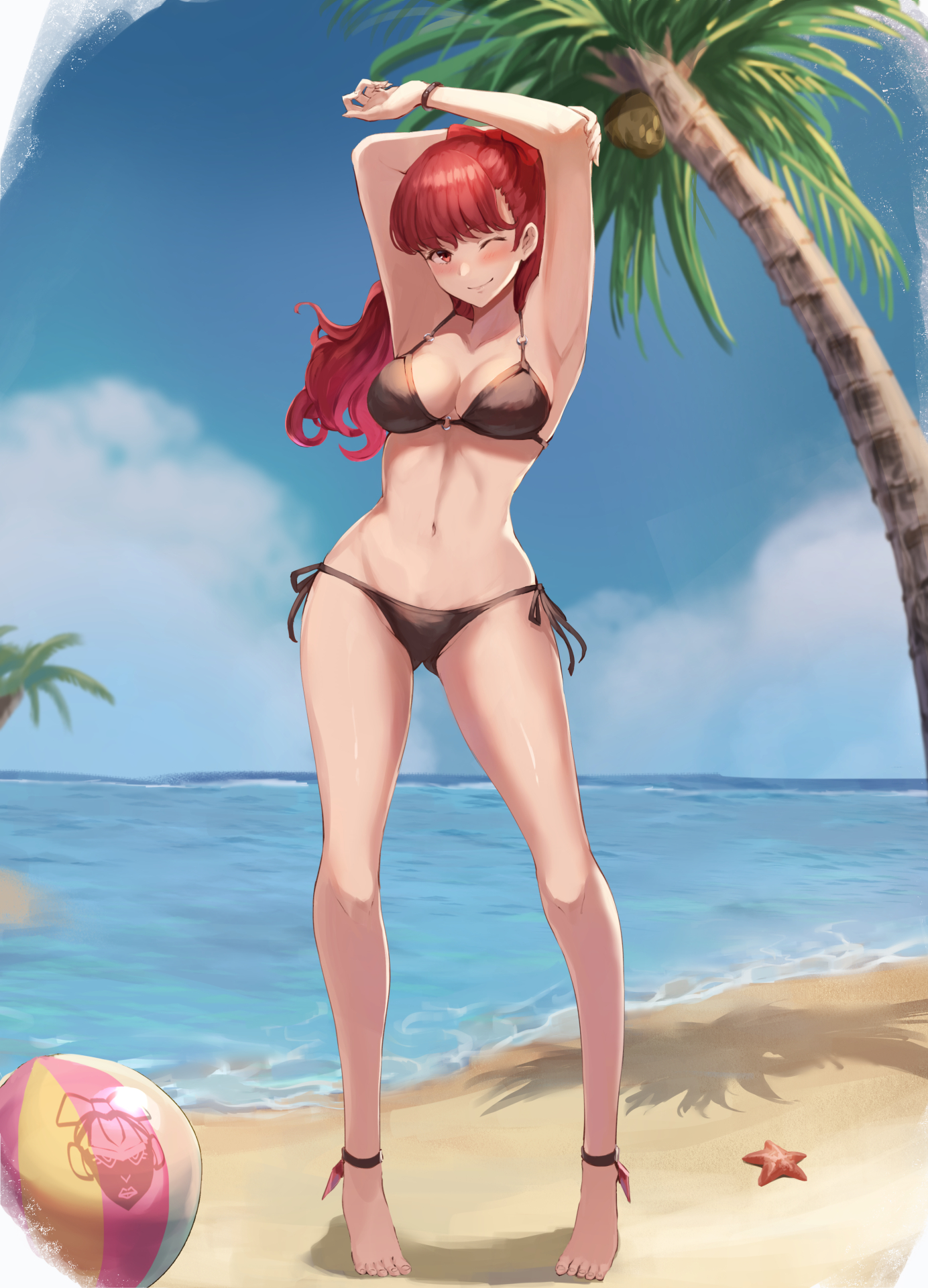 1girls, arms up, barefoot, beach, bikini, black bikini, bow, breasts, cleavage, coconut tree, female, female only, full body, gluteal fold, hairbow, highres, jojobirdz, kasumi yoshizawa, large breasts, long hair, looking at viewer, navel, ocean, one eye closed, palm tree, persona, persona 5, ponytail, red eyes, red hair, shore, smile, solo, standing, starfish, stretching, sumire yoshizawa, swimsuit, tree