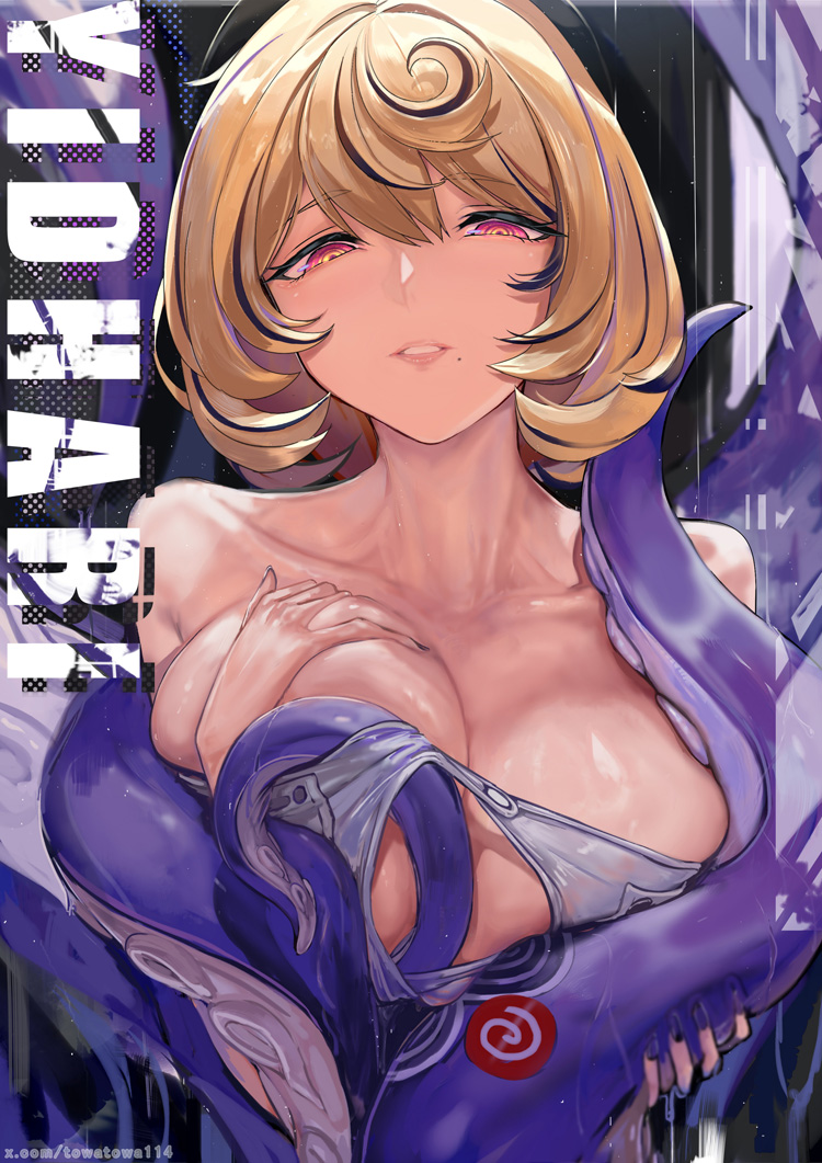 1girls, big breasts, blonde hair, boob window, breasts, button gap, buttons, exposed shoulders, female, female focus, fingernails, grabbing own breast, grabbing tentacle, groping, groping breasts, groping self, hat, hoyoverse, lips, looking at viewer, looking down, looking down at viewer, mole, multicolored eyes, nail polish, octopus girl, pulling off clothes, pulling up clothing, purple nails, seductive look, self fondle, short hair, sticker, sticker on body, suction cups, tails, teeth, tentacle, tentacle rubbing, tentacle rubbing nipple, tentacle tail, tentacles around breasts, tentacles under clothes, text, towatowa114, upper body, yidhari murphy, zenless zone zero