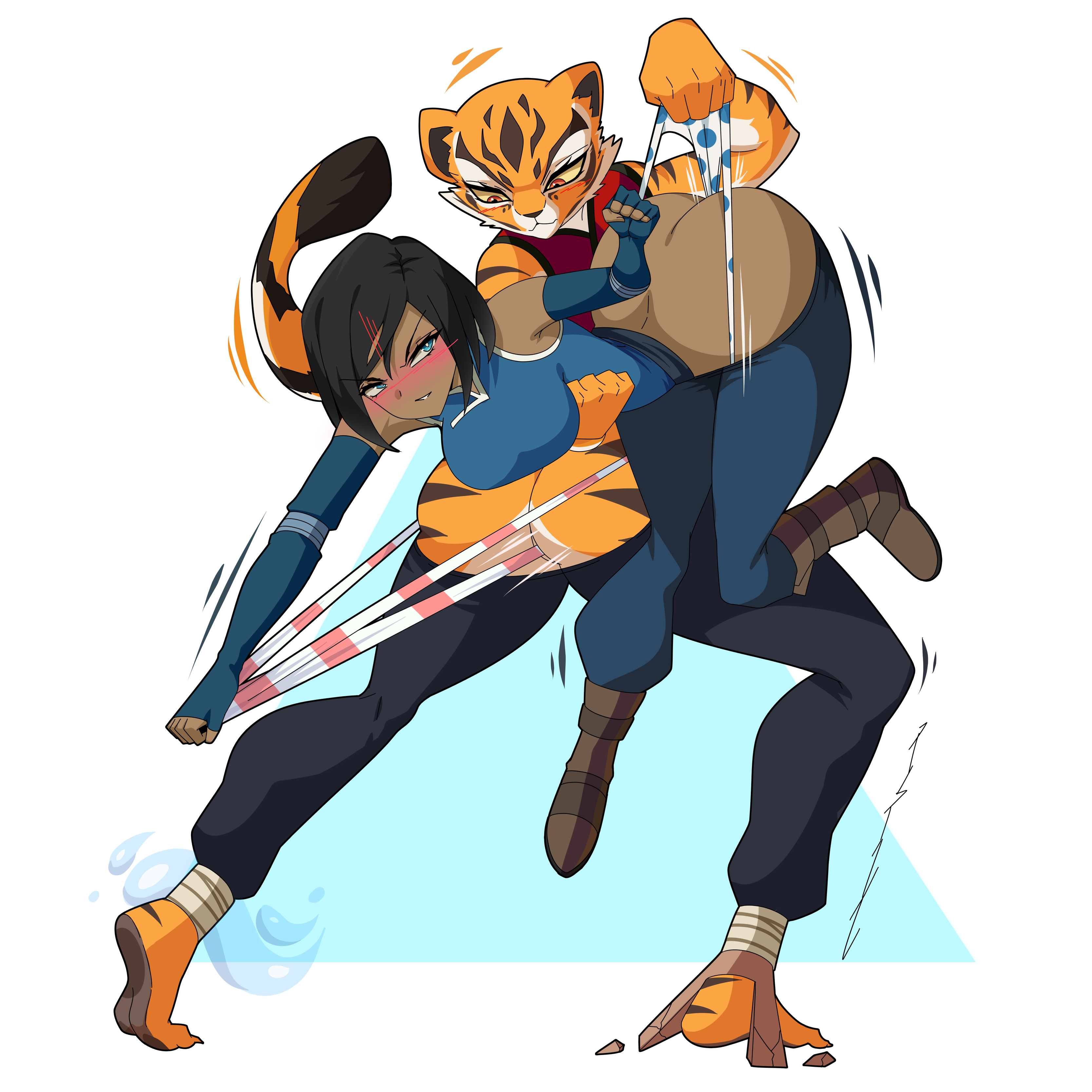 2025, 2girls, ass, blue eyes, blush, brown hair, butt crack, carrying, carrying another, female, korra, kung fu panda, master tigress, panties, pants, pants down, panty pull, pink panties, polka dot, polka dot panties, red eyes, restrained, rirnn, striped panties, tagme, the legend of korra, wedgie, yellow sclera
