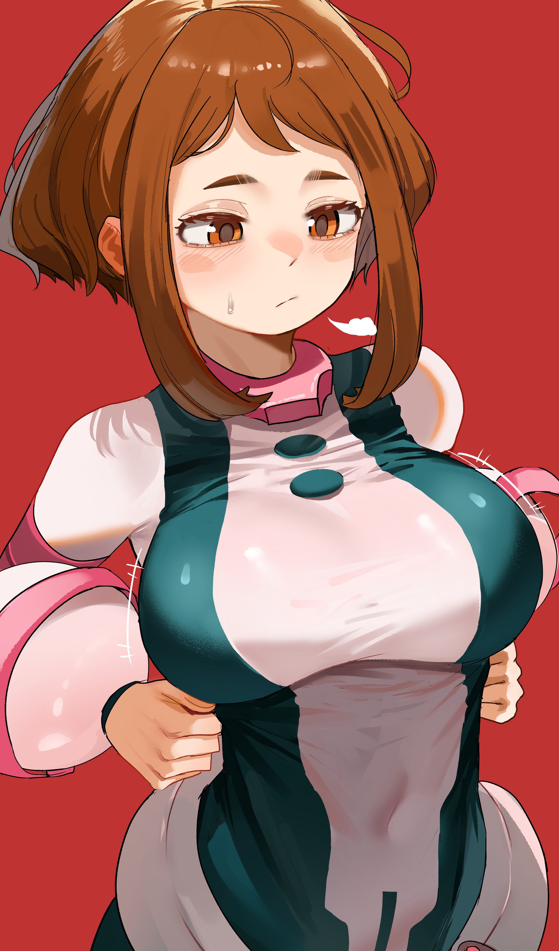 1girls, absurdres, black bodysuit, blush stickers, bodysuit, boku no hero academia, breast conscious, breasts, brown eyes, brown hair, brown-haired female, commentary, english commentary, female, female only, hero outfit (mha), highres, impossible bodysuit, impossible clothes, large breasts, light-skinned female, multicolored bodysuit, my hero academia, ochako uraraka, ochako uraraka (hero outfit), pink bodysuit, red background, short hair, sidelocks, simple background, slim waist, solo, superhero costume, superheroine, sweatdrop, teenager, uraraka ochako, zd (pixiv6210083)