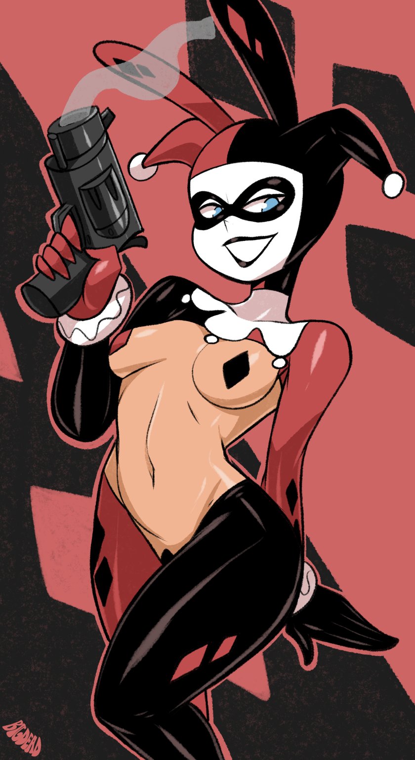 1girls, artist logo, artist signature, batman: the animated series, bigdeadalive, breasts, dc, dc comics, eyemask, facepaint, female, female focus, female only, firearm, grin, gun, handgun, harlequin, harley quinn, harley quinn (classic), nipple pasties, pinup, pistol, pussy, pussy pasty, reverse bunnysuit, revolver, solo, solo female, solo focus, taped nipples, taped pussy, toony, weapon