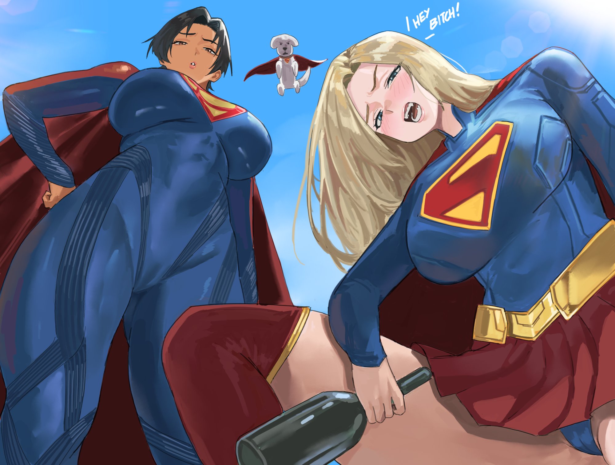1boy, 2girls, alcohol, below view, big breasts, black hair, blonde hair, bodysuit, bottle, breasts, cameltoe, dc, dc comics, dc extended universe, dcu, dual persona, english text, female, huge breasts, krypto, large breasts, long hair, looking at viewer, male, milly alcock, mugi (mugit49), mugit49, pantyshot, short hair, skin tight, skin tight suit, skin tightpussy, skirt, supergirl, supergirl (dcu), supergirl (sasha calle), superman (2025), superman (series), text, the flash (2023), the flash (series)