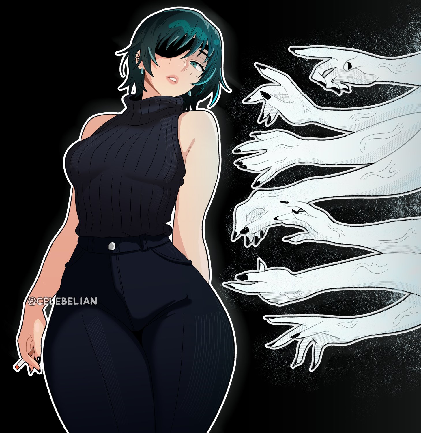1girls, 2025, 2d, 2d (artwork), artist name, big breasts, black nails, black pants, black sweater, blue eyes, blue hair, breasts, celebelian, chainsaw man, cigarette, conjuration, earrings, eyepatch, female, female focus, female only, ghost devil (chainsaw man), ghost hands, highres, himeno (chainsaw man), holding, holding cigarette, human, human female, jewelry, looking at viewer, medium breasts, medium hair, pants, parted lips, questionable, sfw, sleeveless, sleeveless turtleneck, solo, solo focus, sweater, sweater tucked in, turtleneck, turtleneck sweater, veiny arms