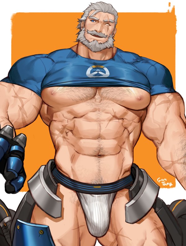 2017, beard, bulge, chest hair, daddy, dilf, gomtang, hairy, hairy chest, jockstrap, male, male only, muscular, muscular male, overwatch, reinhardt, scar, scar on face, solo, solo male