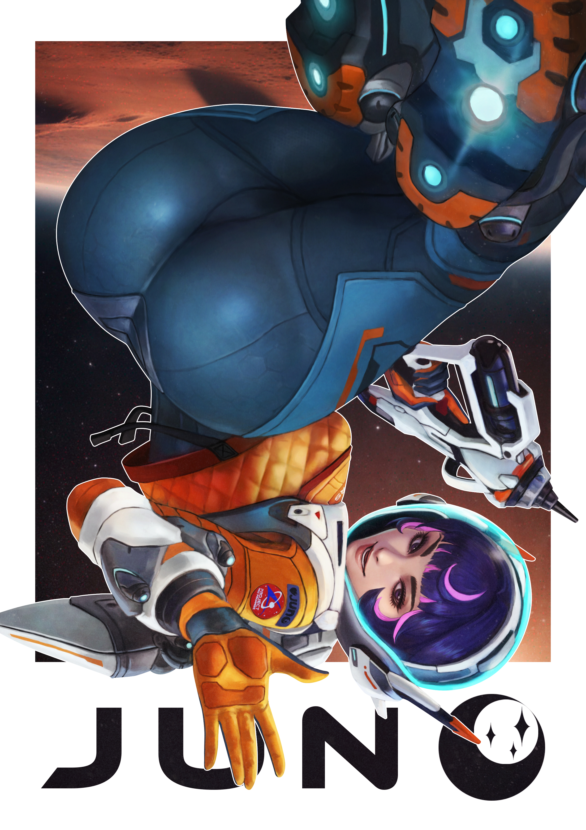 1girls, 2d, ass, ass focus, big ass, bodysuit, female, female only, huge ass, jacket, juno (overwatch), large ass, monorirogue, multicolored hair, overwatch, overwatch 2, pink hair, purple hair