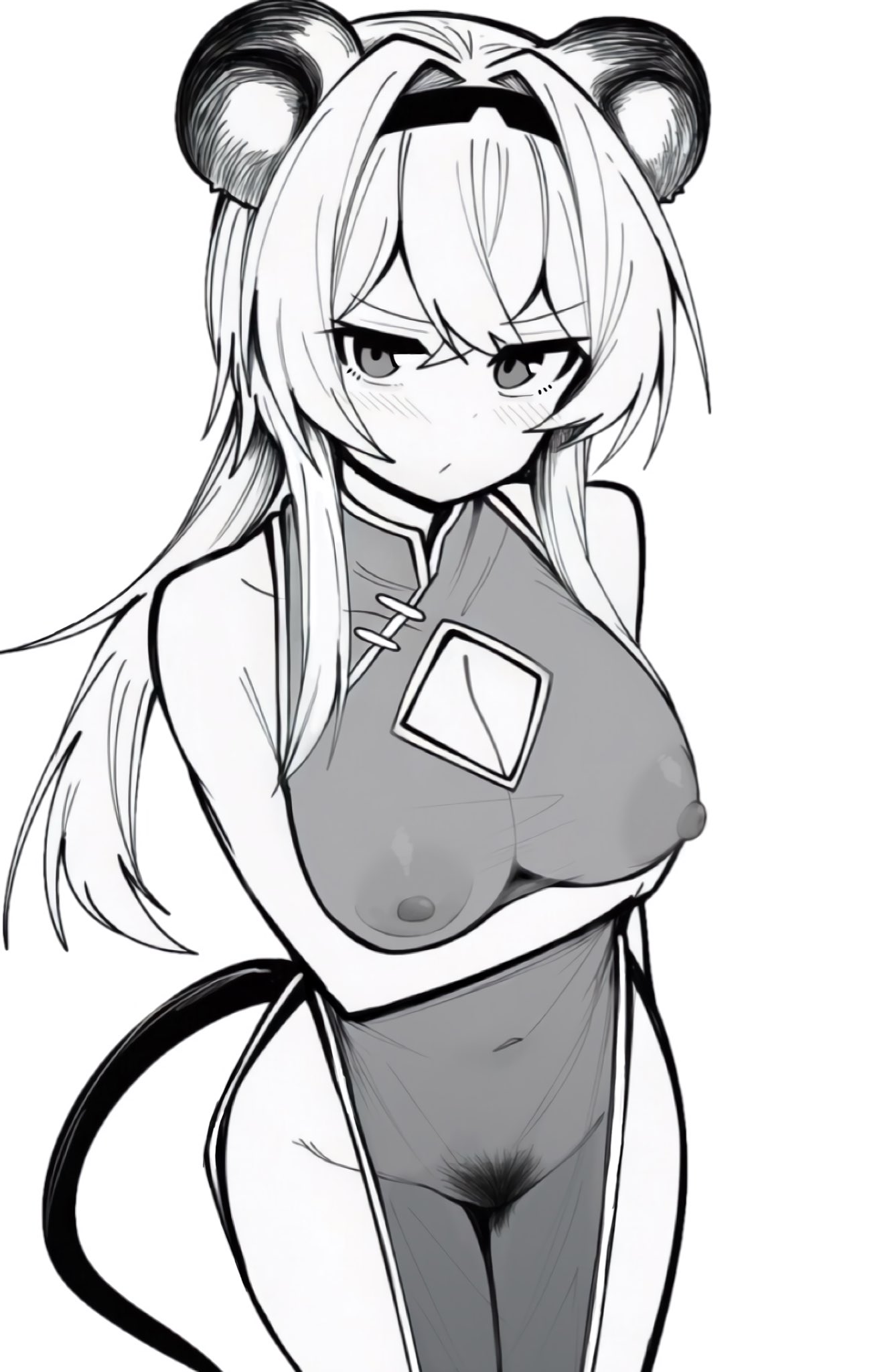 arknights, dress, female, lin yuhsia (arknights), makigirisu, monochrome, pubic hair, see-through, see-through clothing