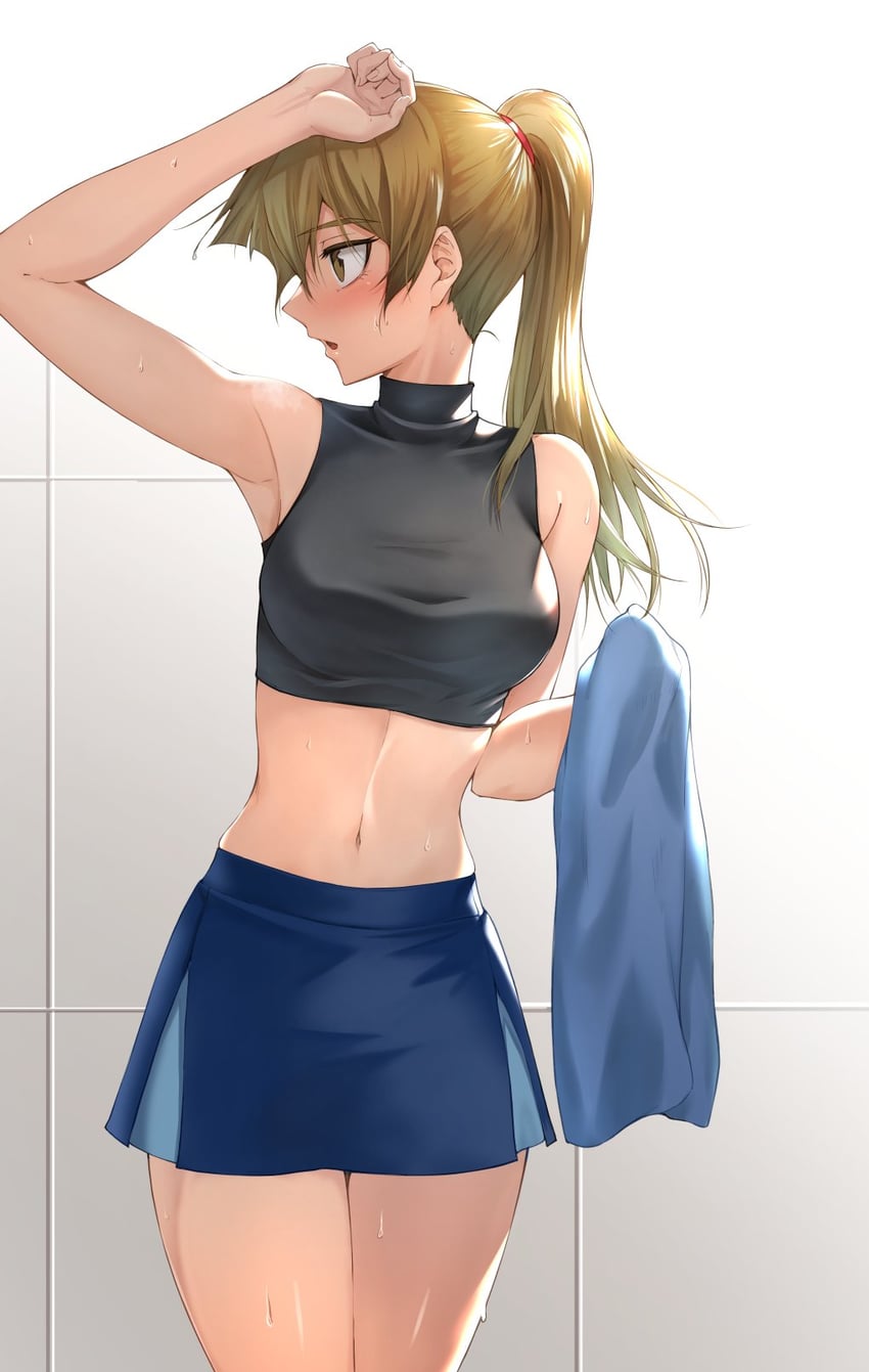 1girls, alexis rhodes, alternate hairstyle, big breasts, blonde hair, blush, breasts, female, female only, long hair, miniskirt, ponytail, rourou ill, short skirt, skirt, solo, undershirt, yu-gi-oh!, yu-gi-oh! gx