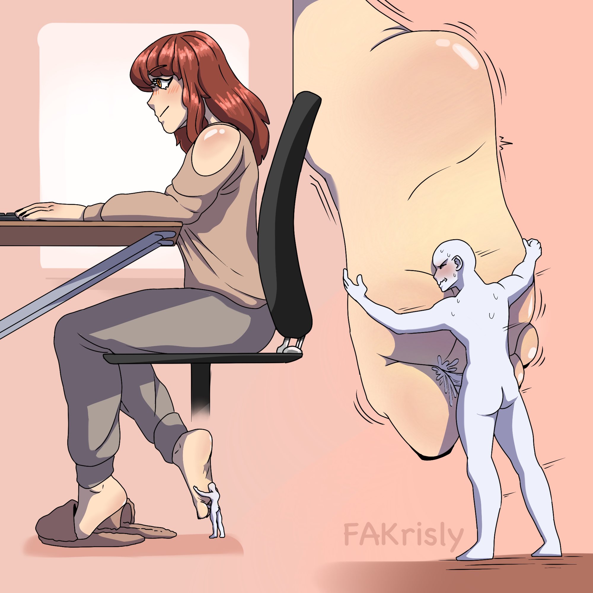 anon, barefoot, big feet, breasts, chilling, clothed female nude male, cum, cum between toes, cum in toes, cum on feet, cum on toes, desk, digital art, fakrisly, female, footjob, footwear, giantess, large breasts, long hair, male, micro male, naked male, nude male, penis, penis between toes, red hair, sitting, sitting on chair, size difference, slippers, soles, toejob, toes, toes on penis