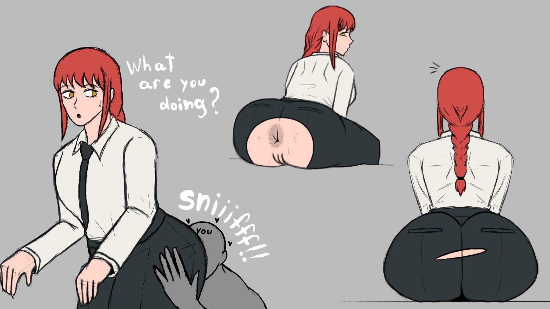 1boy, 1girls, anon, anus, big ass, big butt, chainsaw man, face in ass, female, makima (chainsaw man), male, red hair, ripped, ripped pants, sniffing ass, sweat, white shirt, yellow eyes