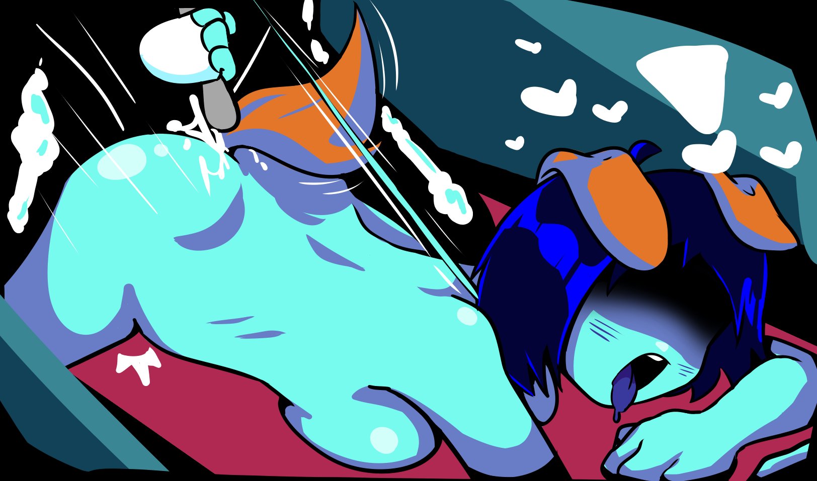 1futa, 1futa1girl, 1girl, 1girl1futa, 1nonbinary, blue body, boy saltiest, deltarune, dog ears, dog tail, exclamation mark, female, heart symbol, kris (dark world form), kris (deltarune), kris female (deltarune), leash, leash pull, mysaltisexposed, no clothes, open mouth, tasque manager (deltarune)
