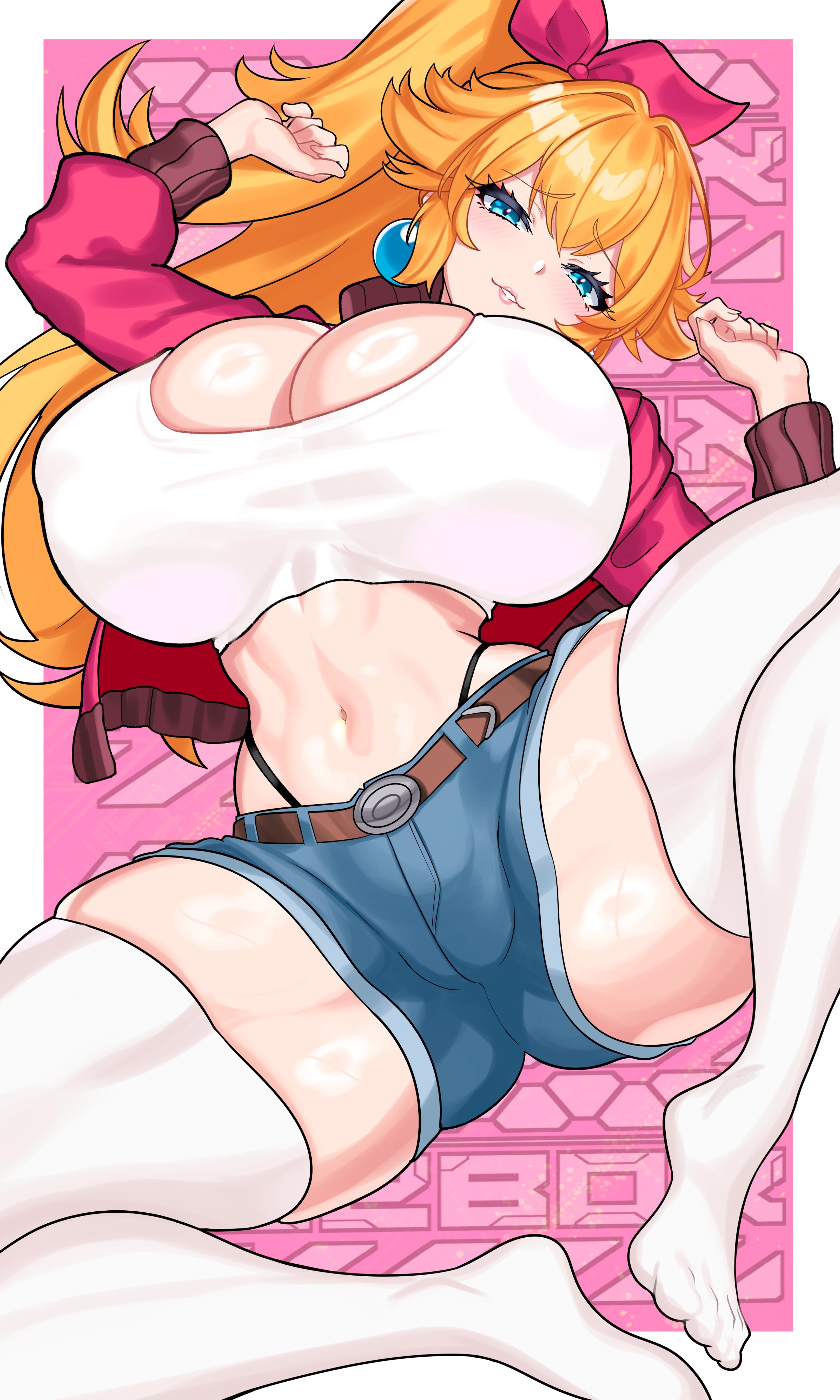 1girls, big breasts, big thighs, breasts, breasts bigger than head, busty, busty female, cameltoe, enormous breasts, fanart, female, giant breasts, huge breasts, hyper breasts, large breasts, mario (series), mario kart, mario kart world, nez-box, nipple outline, nipples visible through clothing, official alternate costume, perky breasts, pinup, presenting, presenting hindquarters, princess peach, princess peach (touring), stockings, super mario bros., thick ass, thick legs, thick thighs, thigh highs, thighhighs, thighs, thong, thong panties, thong straps, thunder thighs, thunderthighs, tongue, tongue out, wet clothes, wide hips, wide thighs