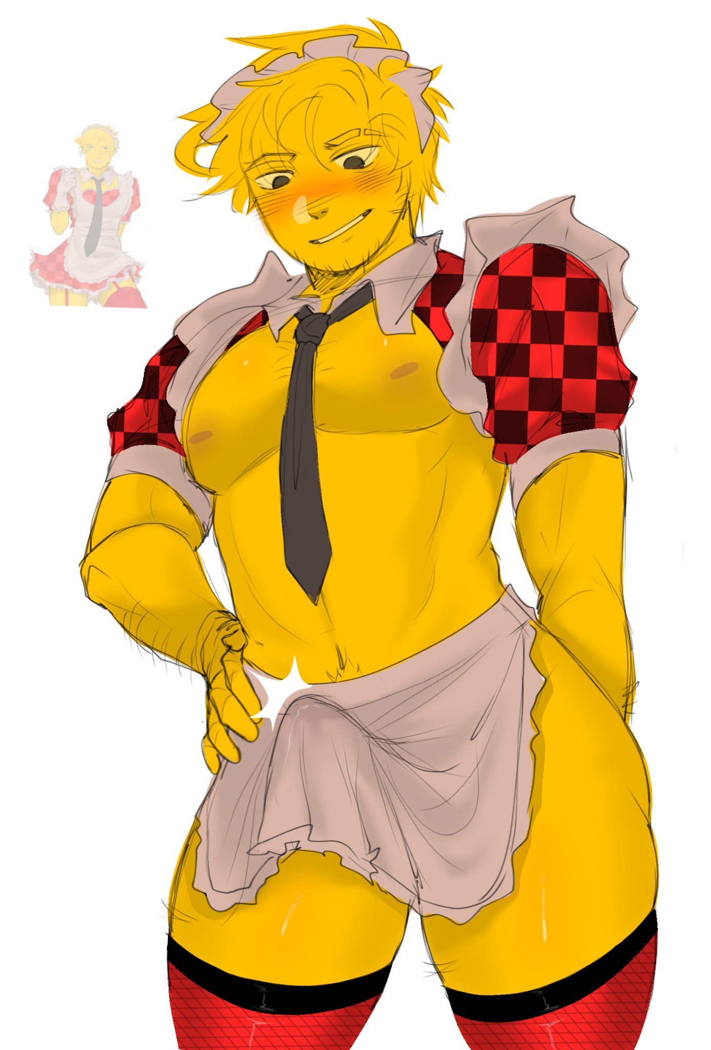 1boy, blush, blush lines, blushing, bulge, bulge through clothing, devesto, die of death (roblox), erection, maid, maid apron, maid headdress, maid uniform, male, male only, nefarmal, penis, roblox, roblox game, robloxian, self upload, smirk, solo, solo male, tagme, thick thighs, thigh highs, tie, yellow body, yellow hair, yellow skin