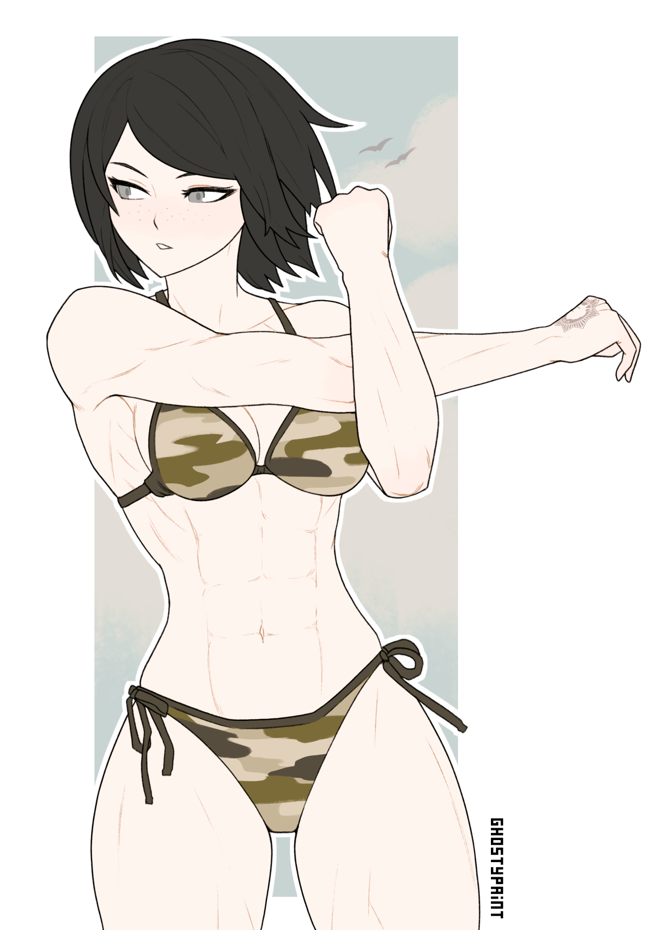 1girls, bikini, black hair, camo, camo print, camouflage, camouflage bikini, danganronpa, danganronpa: trigger happy havoc, dark hair, female, female only, female soldier, freckles, freckles on face, ghostypaint, mukuro ikusaba, muscular, muscular female, short hair, simple background, soldier, standing, stretching, swimsuit, tagme, tattoo, teal eyes