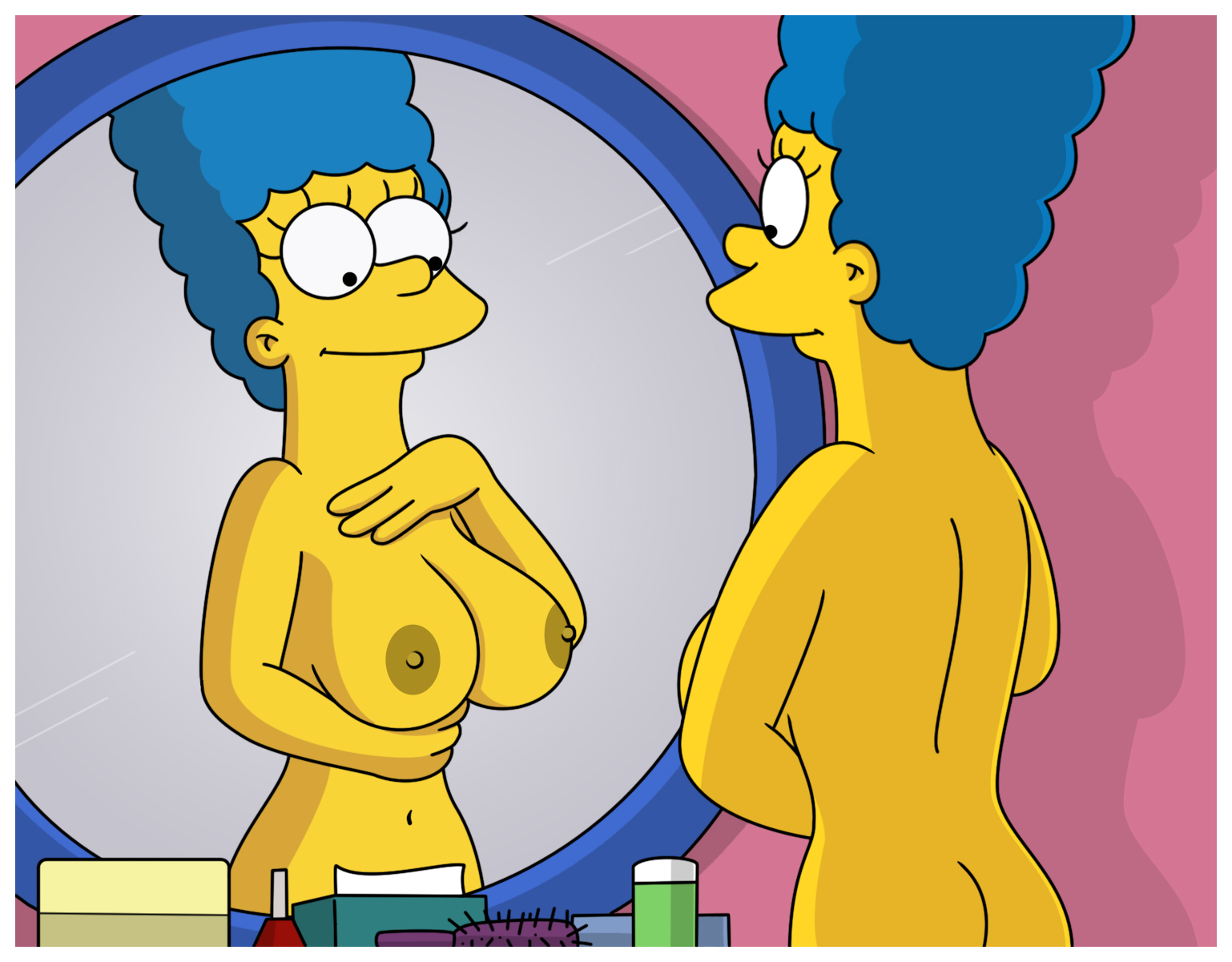 1girls, arm under breasts, ass, big breasts, blue hair, breasts, completely nude, erect nipples, female, hand on chest, hourglass figure, large breasts, looking at mirror, marge simpson, mirror, navel, nipples, nude, smile, solo female, the simpsons, wvs, yellow body, yellow skin