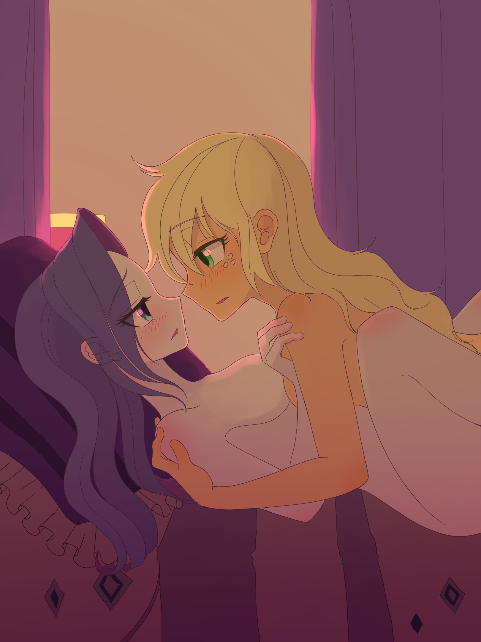 2girls, applejack (eg), applejack (mlp), bedroom, blonde hair, blue eyes, blue hair, blush, breast press, breasts, completely nude, completely nude female, couple, equestria girls, eyelashes, female, female only, female/female, freckles, friendship is magic, green eyes, haibaratomoe, happy, happy female, hasbro, high school student, indoors, looking at partner, lying, multiple females, multiple girls, my little pony, nude, nude female, on back, on bed, orange skin, parted lips, rarijack, rarity (eg), rarity (mlp), romantic, teenage couple, teenage female, teenager, teenager on teenager, white skin, young, young female, yuri