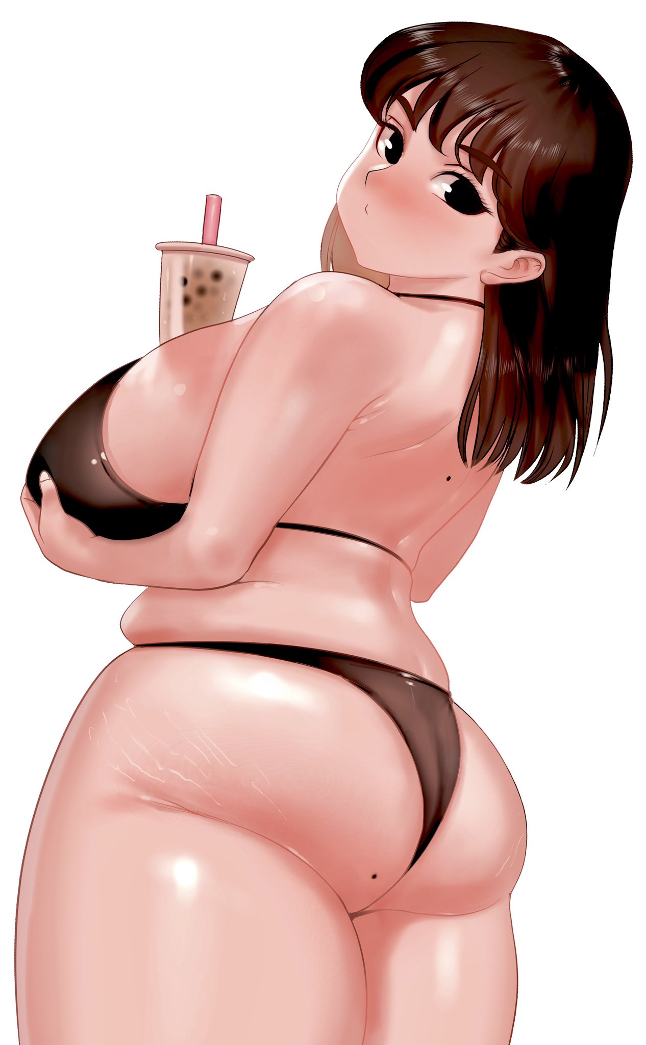 1girls, ass, bbw, big ass, black eyes, breasts, brown hair, bubble tea, chubby, chubby female, eyebrows visible through hair, female, female only, huge breasts, judies, large ass, long hair, mole, mole on ass, mole on back, original, plump, solo, solo female, stretch marks, thick thighs, white background