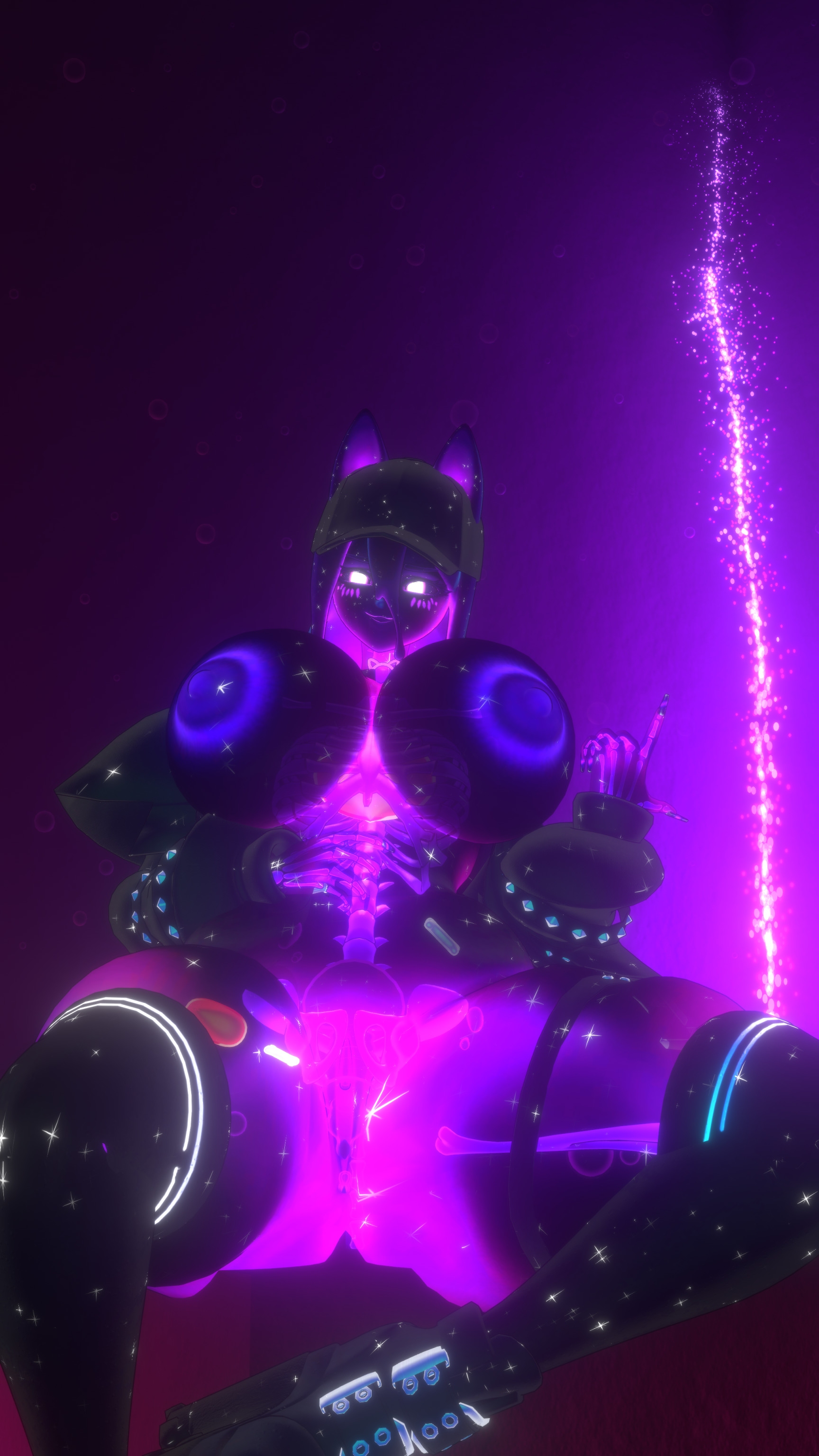 baseball cap, blue eyes, bom39, boots, bottomless, breasts, cat choker, cat ears, female, garter belt, glowing eyes, glowing nipples, hand on belly, huge breasts, jacket only, long hair, looking , looking down at viewer, no internal organs, pointing up, pur slime (bom39), purple glow, purple lighting, skeleton, slime girl, slime hair, smug, thick thighs, thighhighs, thighs bigger than head, translucent body, visible skeleton, vrchat, vrchat avatar