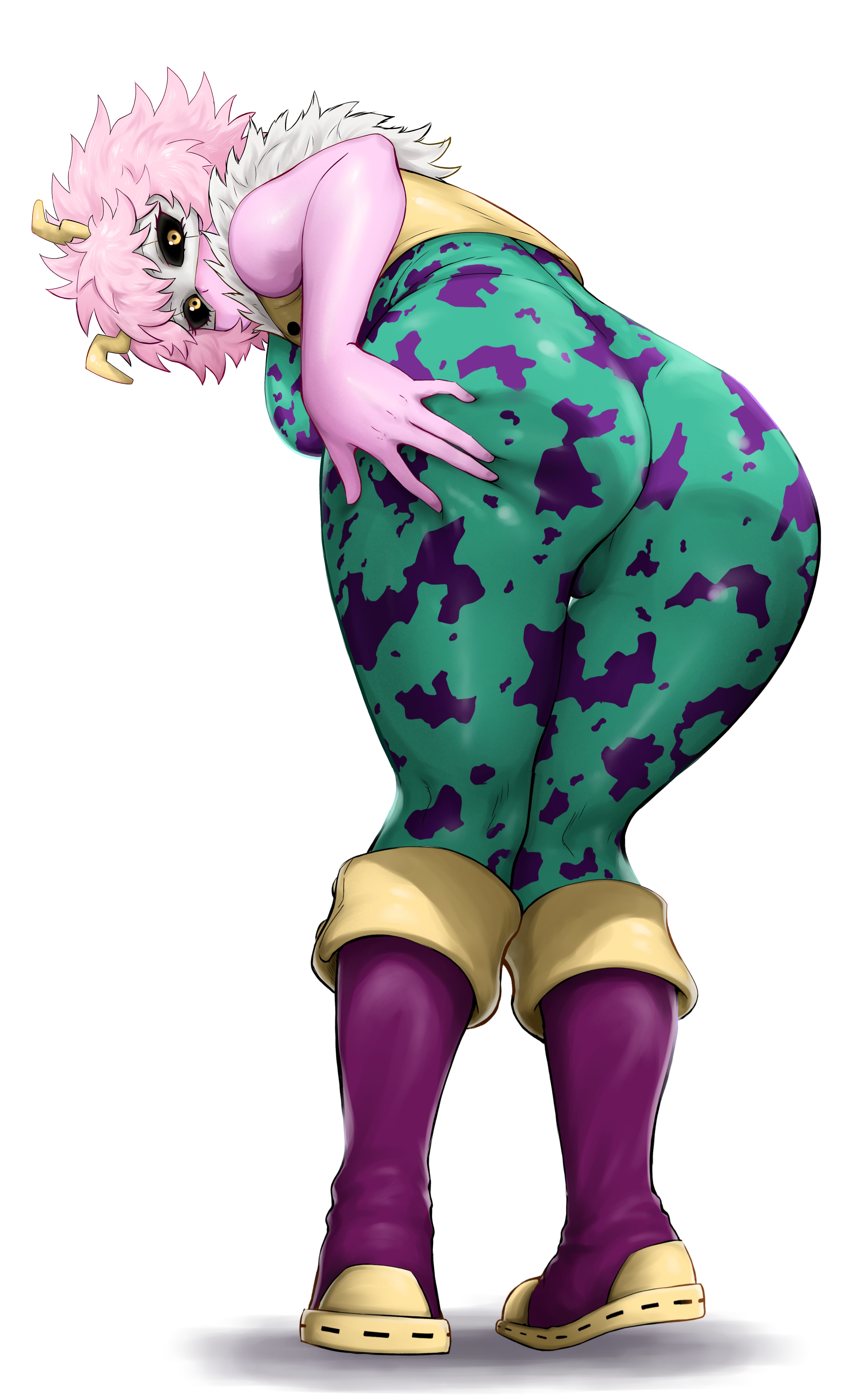 absurdres, ashido mina, ass, ass focus, black sclera, bodysuit, boku no hero academia, bones (company), bones (studio), boots, breasts, carlx945380, cleavage, colored sclera, colored skin, curly hair, deep skin, female, from behind, fur trim, fur-trimmed vest, green bodysuit, gyaru, hand on own ass, hand on own thigh, hero outfit (mha), high school student, highres, horns, huge ass, leaning forward, looking at viewer, looking back, medium breasts, messy hair, mina ashido, my hero academia, pink hair, pink skin, purple bodysuit, purple boots, round ass, sassy, short hair, shounen jump, simple background, skin tight, solo, spread ass, student, superhero costume, superheroine, teenage female, teenager, two-tone bodysuit, vest, white background, white mask, yellow eyes, yellow horns, yellow vest
