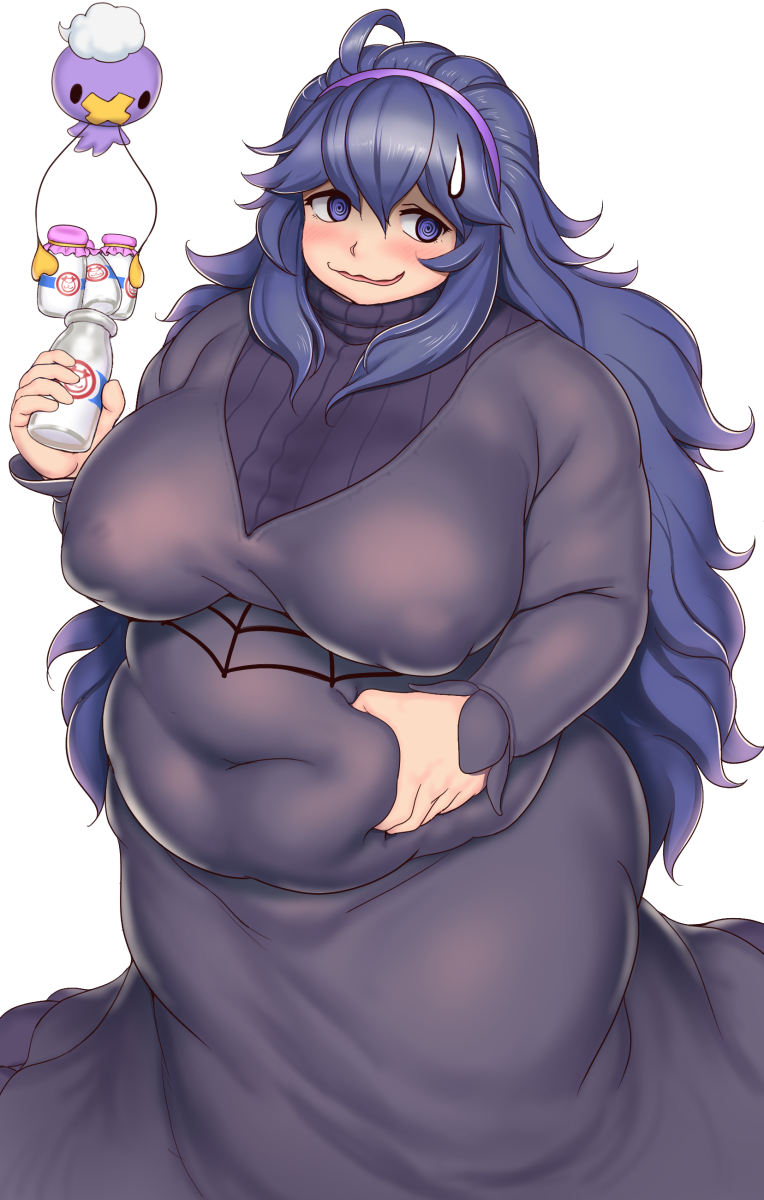 bbw, belly grab, chubby, dress, female, game freak, hex maniac, long hair, nintendo, obese, orizen, overweight, overweight female, pokemon, pokemon xy, purple eyes, solo, white background