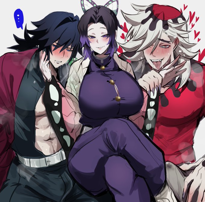 1girls, 2boys, big breasts, black hair, blush, breasts, breath, butterfly hair ornament, demon boy, demon slayer, douma, drooling, fangs, female, femdom, fully clothed, gakuran, giyu tomioka, huge breasts, kimetsu no yaiba, kochou shinobu, kurenaiz1, looking at viewer, male, open shirt, pale skin, pale-skinned female, pale-skinned male, smile, spiky hair, straining buttons, tight clothing, tomioka giyuu, tongue out, two-tone body, white hair