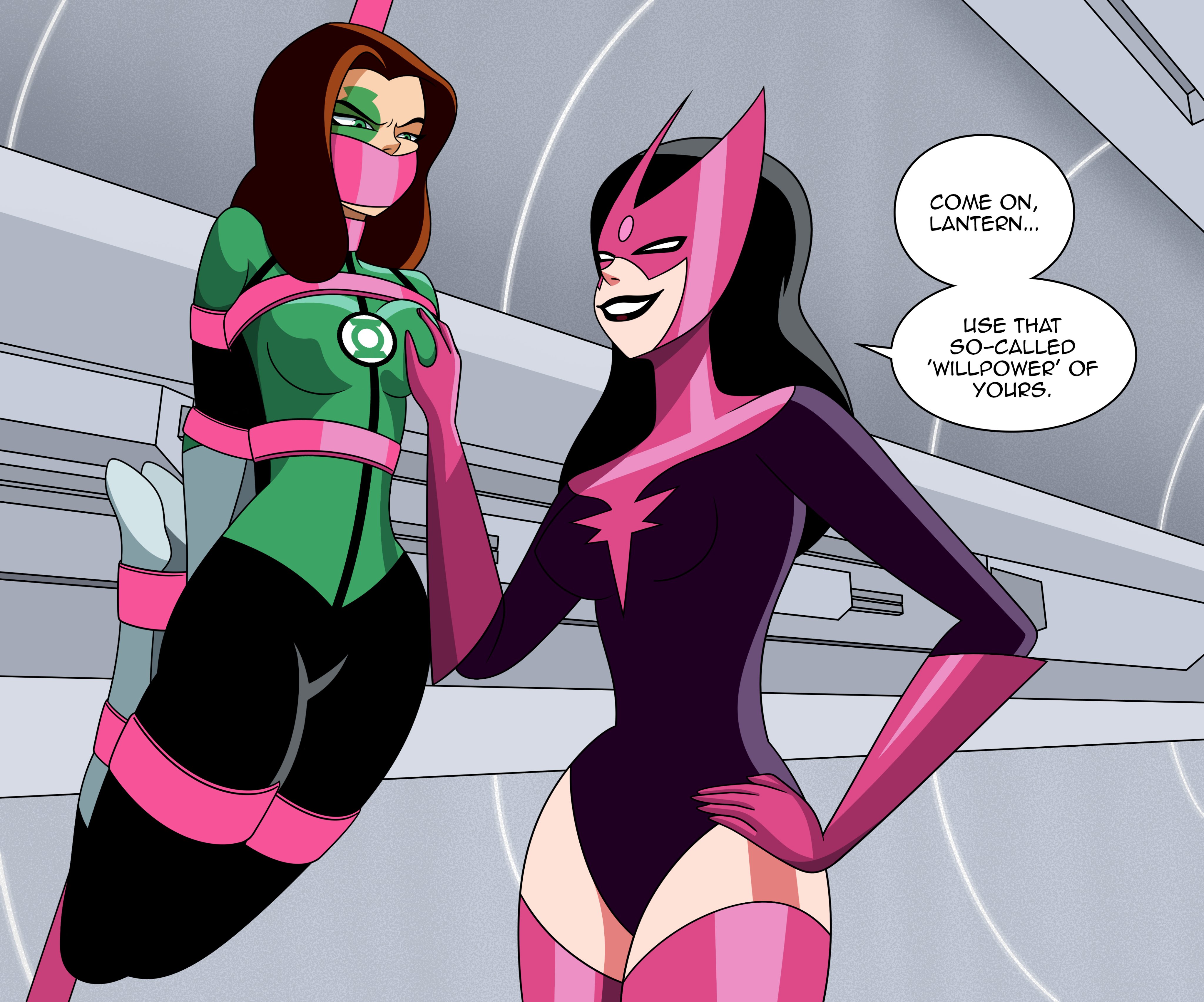 2girls, ankles bound, arms behind back, arms bound, arms bound behind back, bennypaan, black hair, bondage, bound, bound ankles, bound arms, bound legs, breasts, brown hair, captured heroine, carol ferris, clothed, clothed bondage, clothed female, costume, dc, dc comics, dcau, dialogue, english, english text, female, female only, femsub, gag, gagged, grabbing another's breast, green eyes, green lantern, green lantern (series), green lantern corps, groping, groping breasts, hand on breast, hand on hip, heroine, heroine in trouble, hips, jessica cruz, latina, legs bound, leotard, lipstick, mask, red lipstick, smiling, speech bubble, star sapphire (dc), star sapphire corps, tape, tape gag, taped mouth, text, thick thighs, thighhighs, thighs, villainess, villainess on heroine, wide hips