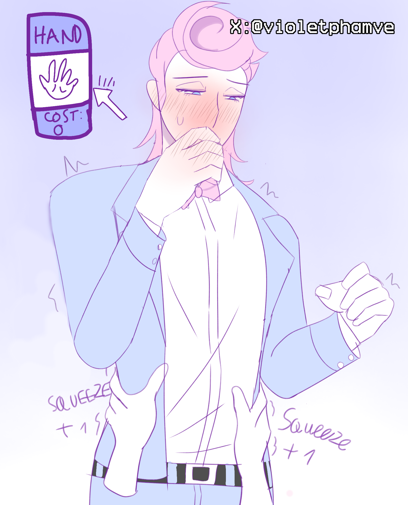 bloodmoney, blush, harvey harvington, male, male focus, pink hair, squeezing, waist grab