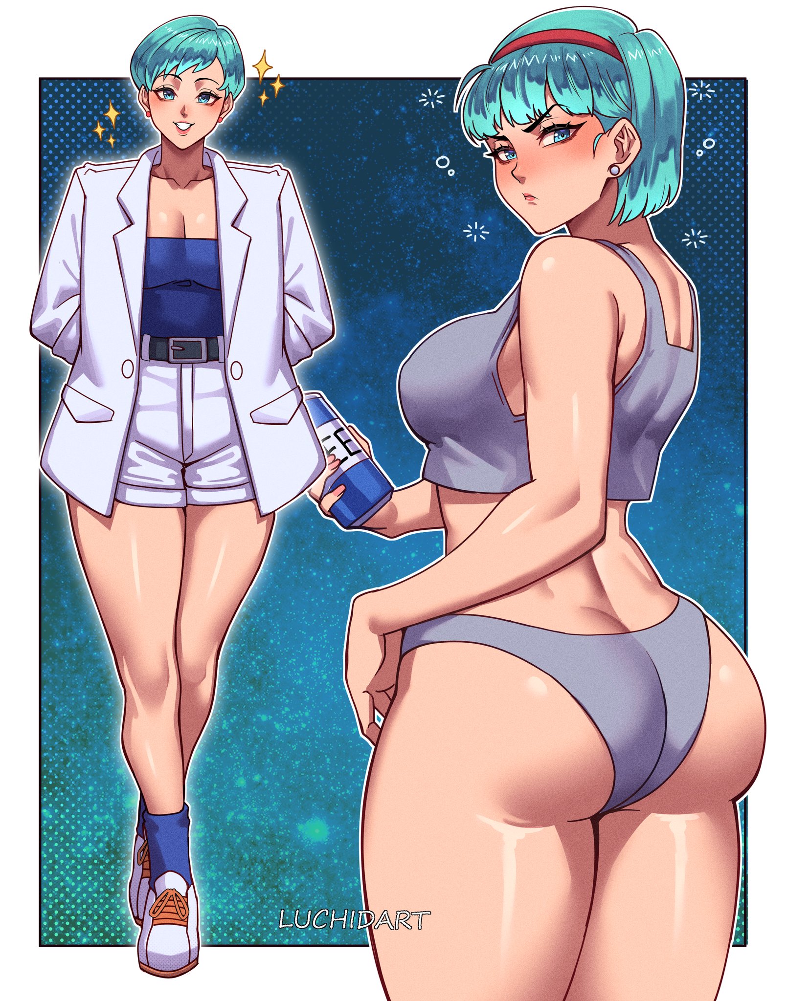 1girls, ass, ass focus, bangs, big ass, big breasts, blue eyes, blue hair, blush, breasts, bulma, bulma (beginnings of dragon ball z), bulma (freeza saga), bulma (namek saga), bulma briefs, bulma briefs (beginnings of dragon ball z), bulma briefs (frieza saga), cleavage, dragon ball, dragon ball z, earrings, female, female only, full body, jacket, jewelry, large breasts, looking at viewer, luchidart, multiple views, polka dot background, shoes, short hair, sneakers, socks, standing, tagme, tubetop, white border