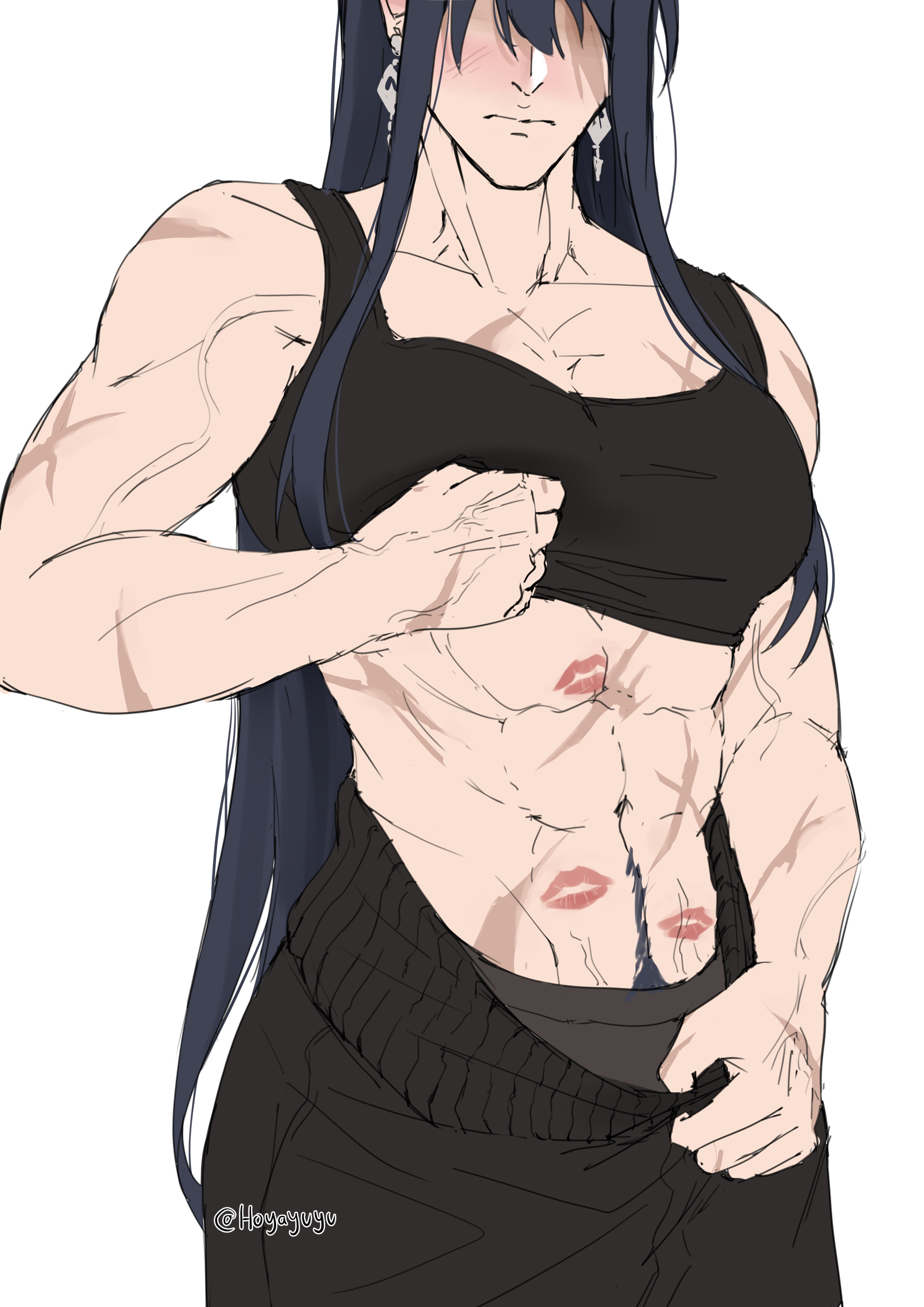 abs, artist name, artist request, athletic, athletic female, biceps, blush, blushing, bra, clothed, clothes, clothing, female, female focus, female only, hoyayuyu, kiss mark, long hair, muscular, muscular biceps, muscular female, path to nowhere, rahu (path to nowhere), scar, scar on face, scars, scars all over, sports bra